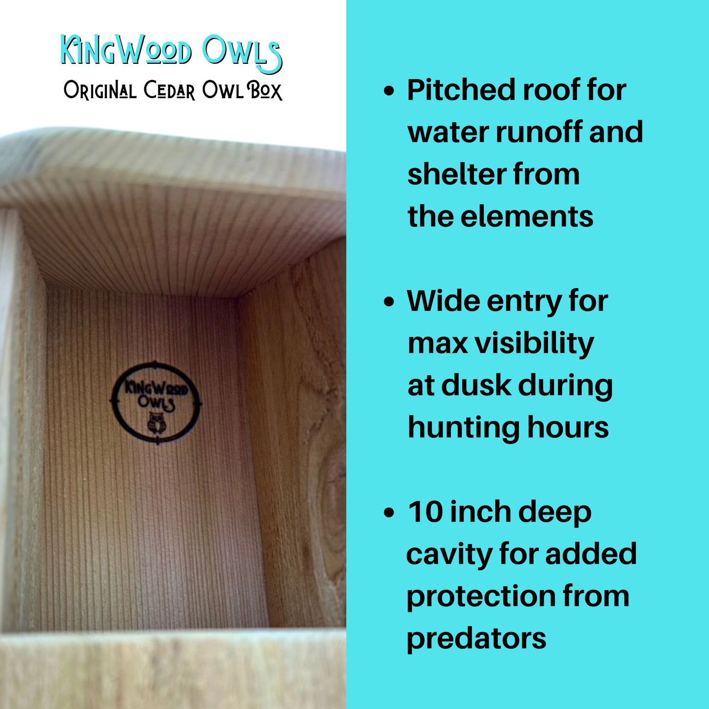 kingwood original cedar owl house box for nesting screech owls. Box has a wide entry for easy visibility of your screech own during sunset before they hunt