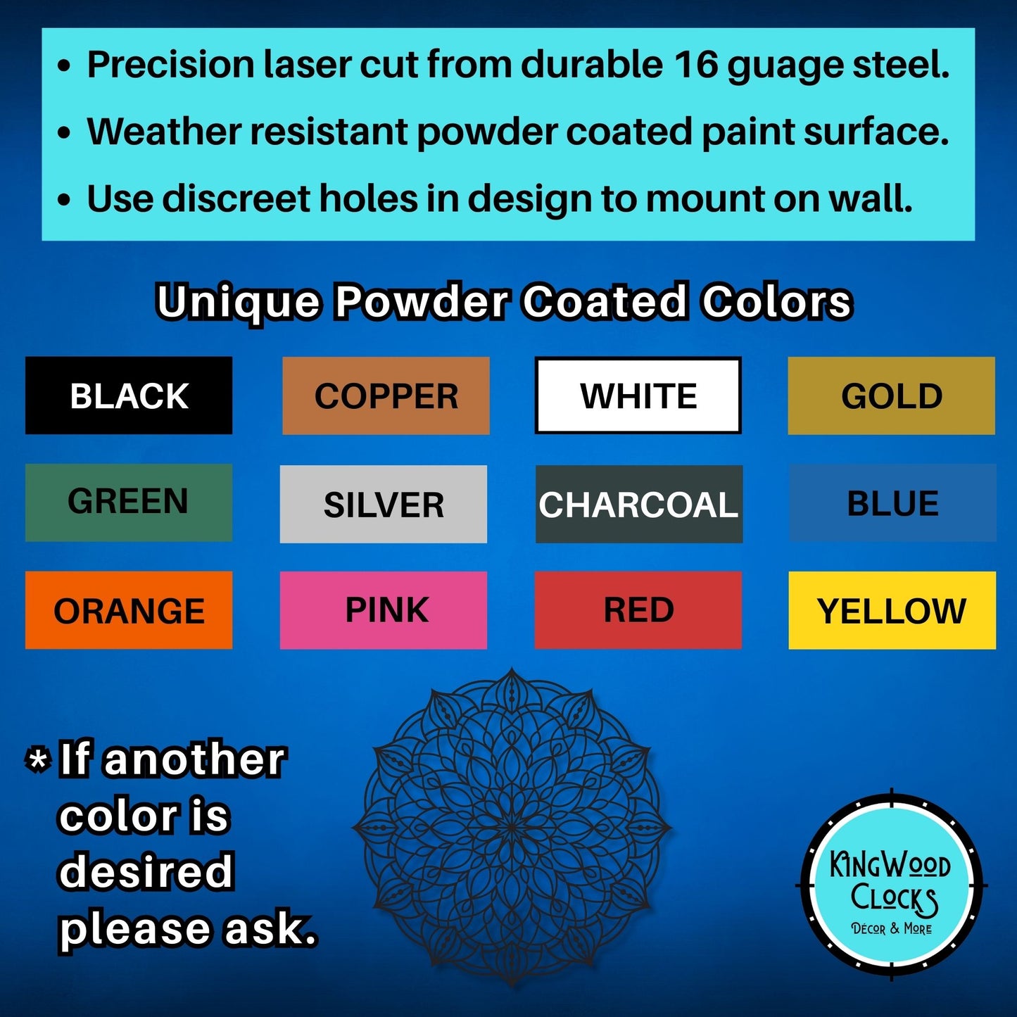 Color chart for powder-coated products with Kingwood Clocks logo on a blue background