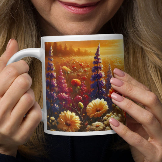 Person holding a mug with a floral design
