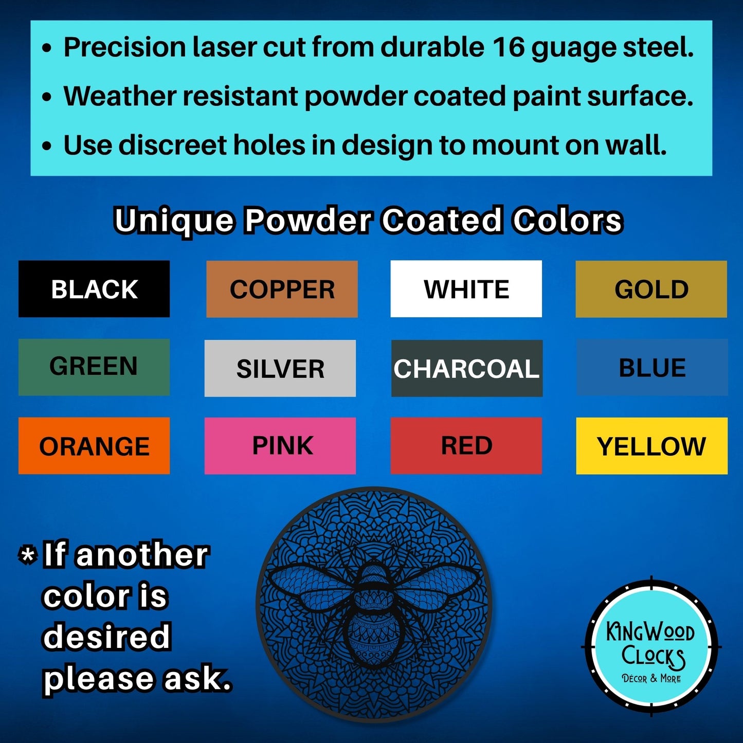 Color chart for powder-coated metal products with Kingwood Clocks branding.