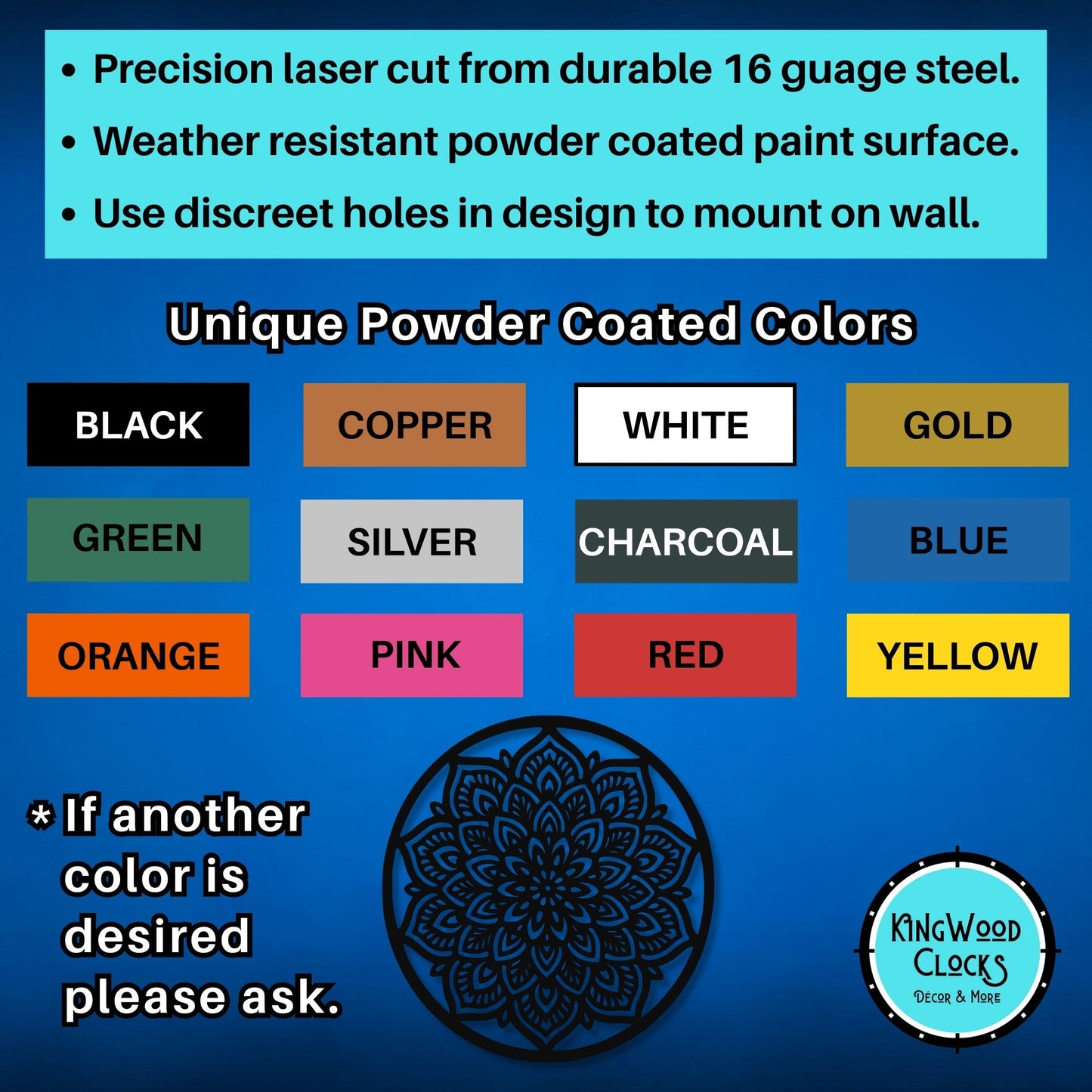 Color chart for powder-coated metal shapes with Kingwood Clocks branding.