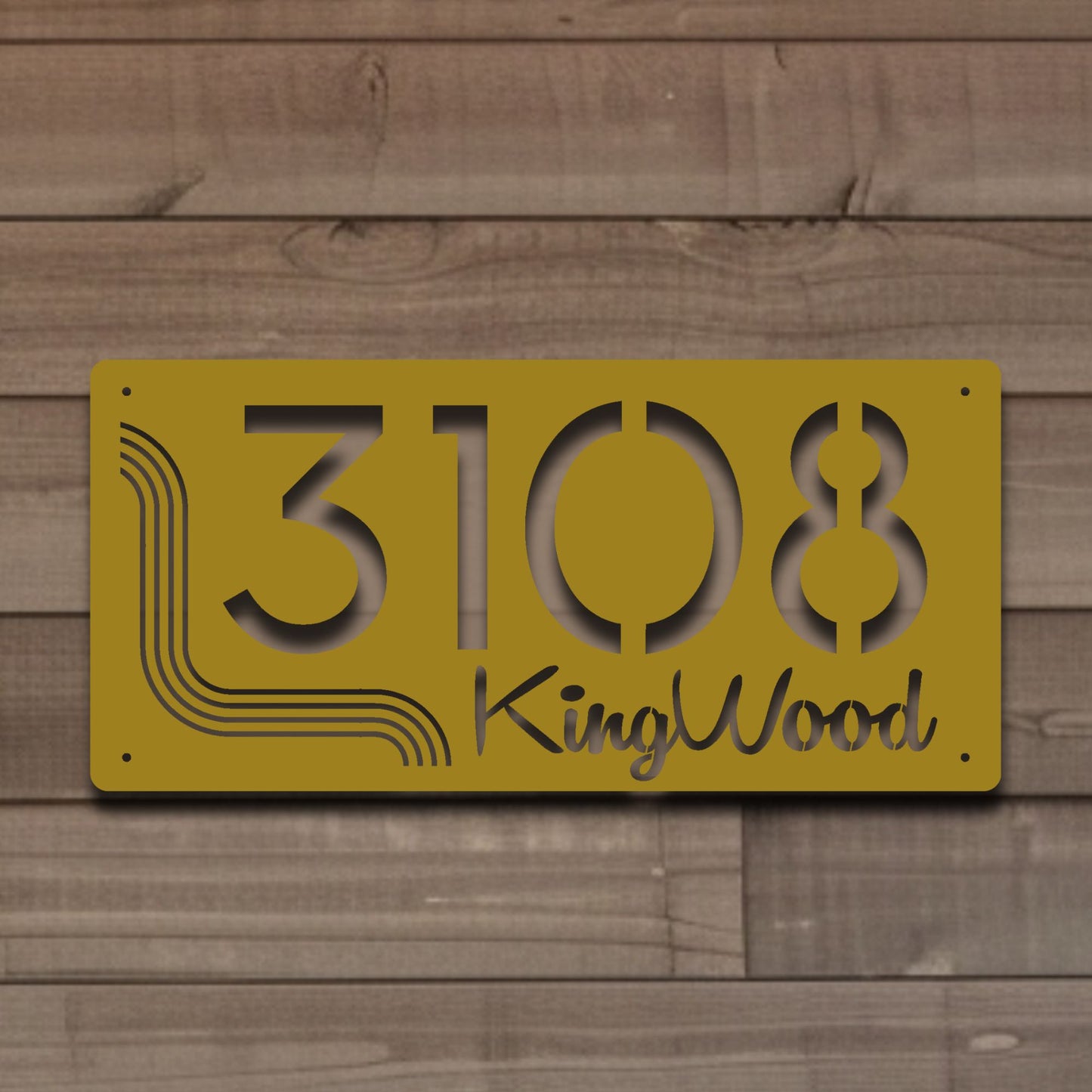 Metal Address Sign, Horizontal Mid Century Stripe in gold on wood siding