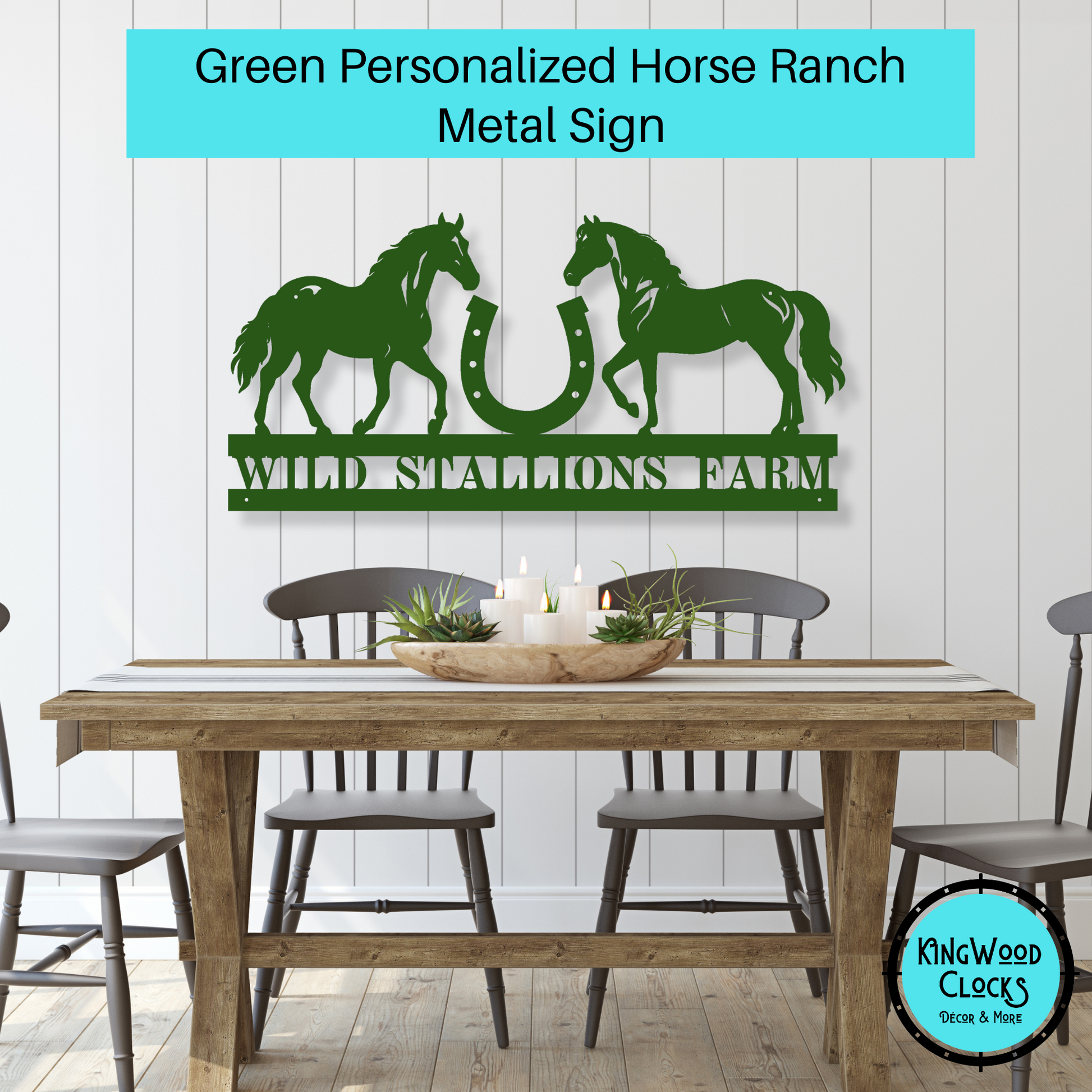 Personalized Horse Ranch Metal Sign shown in green over dining room table