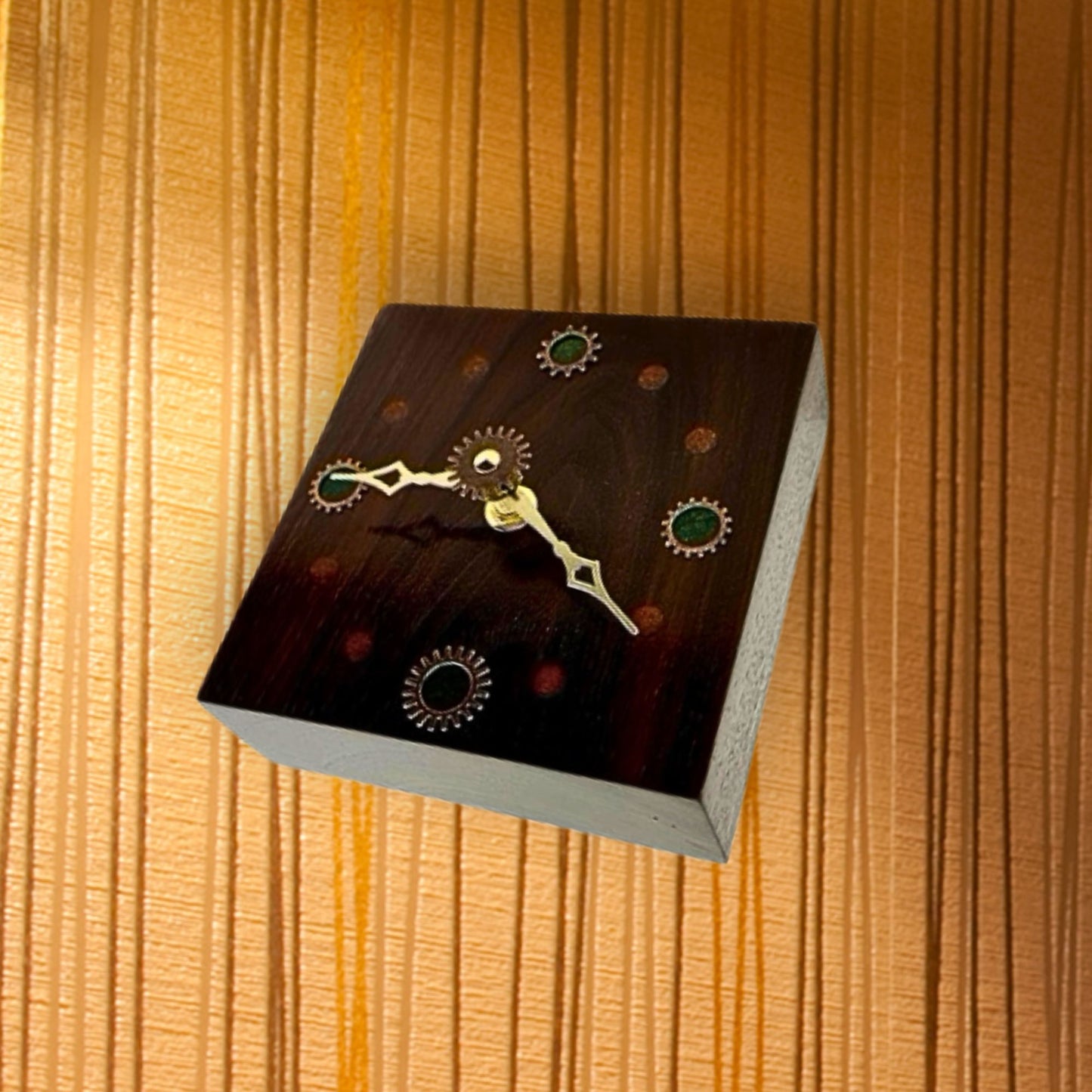 Walnut Wood Wall Clock w/ Metal Gears, Epoxy Inlay Burnt Orange and Earth Green Handmade Wood Art, Unique Wooden Gift Ideas, Steampunk Decor