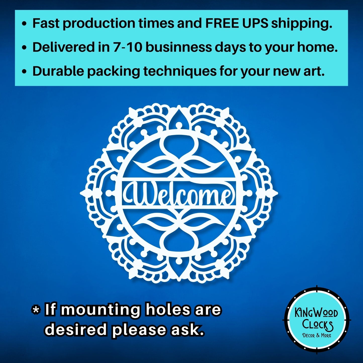 Decorative 'Welcome' design with text about production times, shipping, and packaging on a blue background.