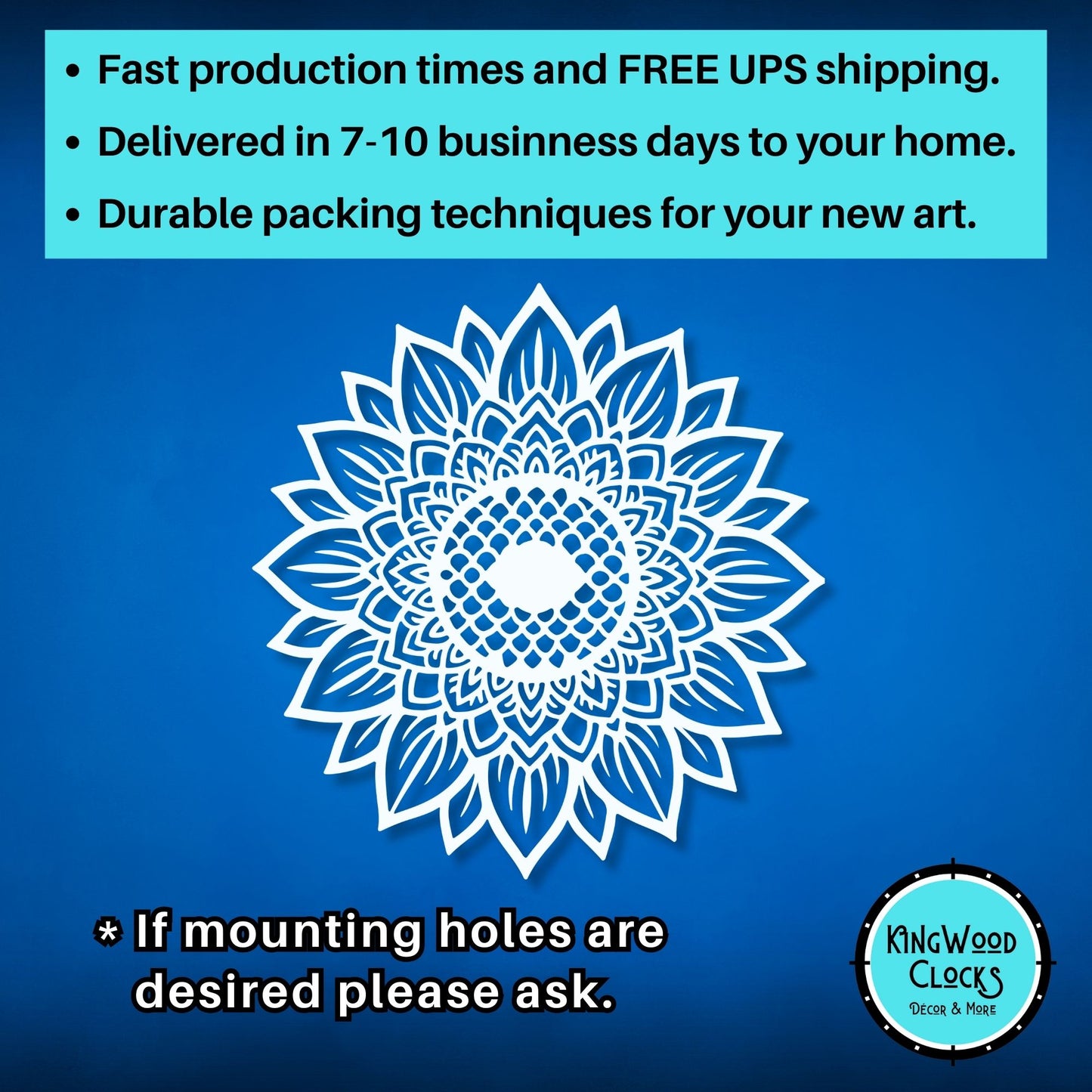 Blue background with white floral design and promotional text about fast production times, free UPS shipping, and durable packing techniques.