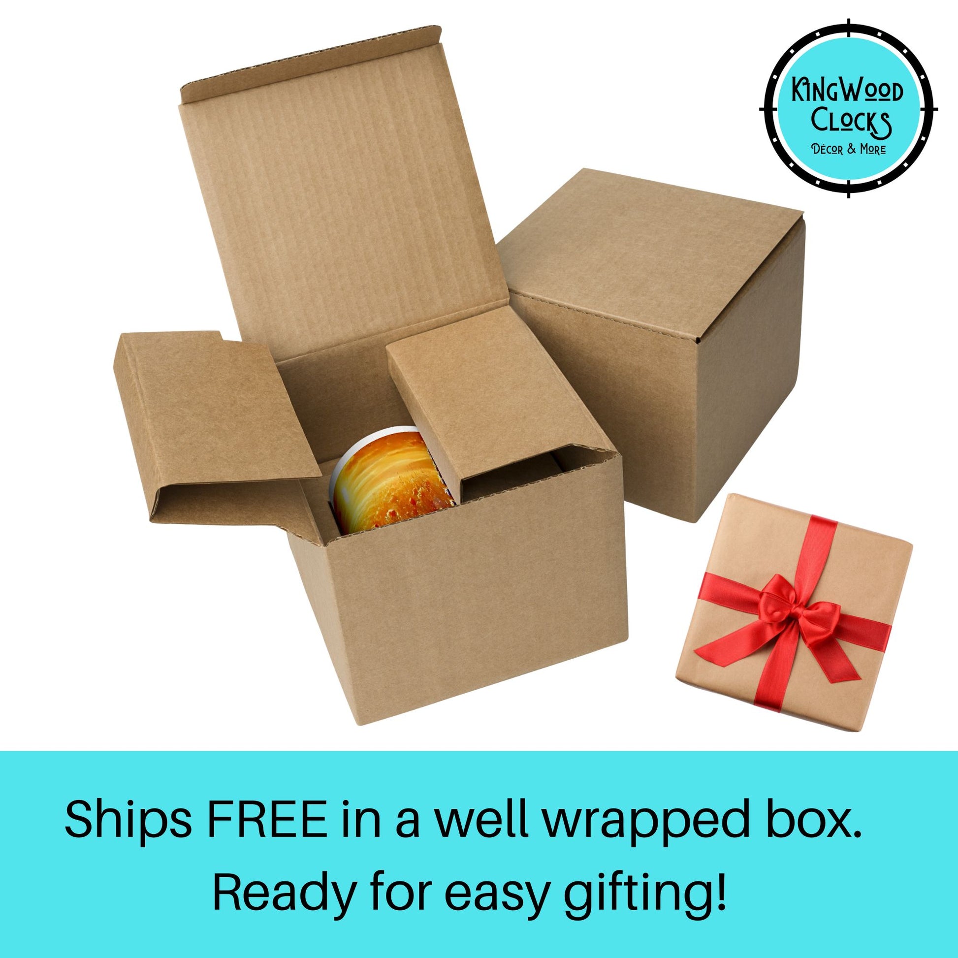 Open cardboard box with a wrapped gift inside, featuring Kingwood Clocks logo.