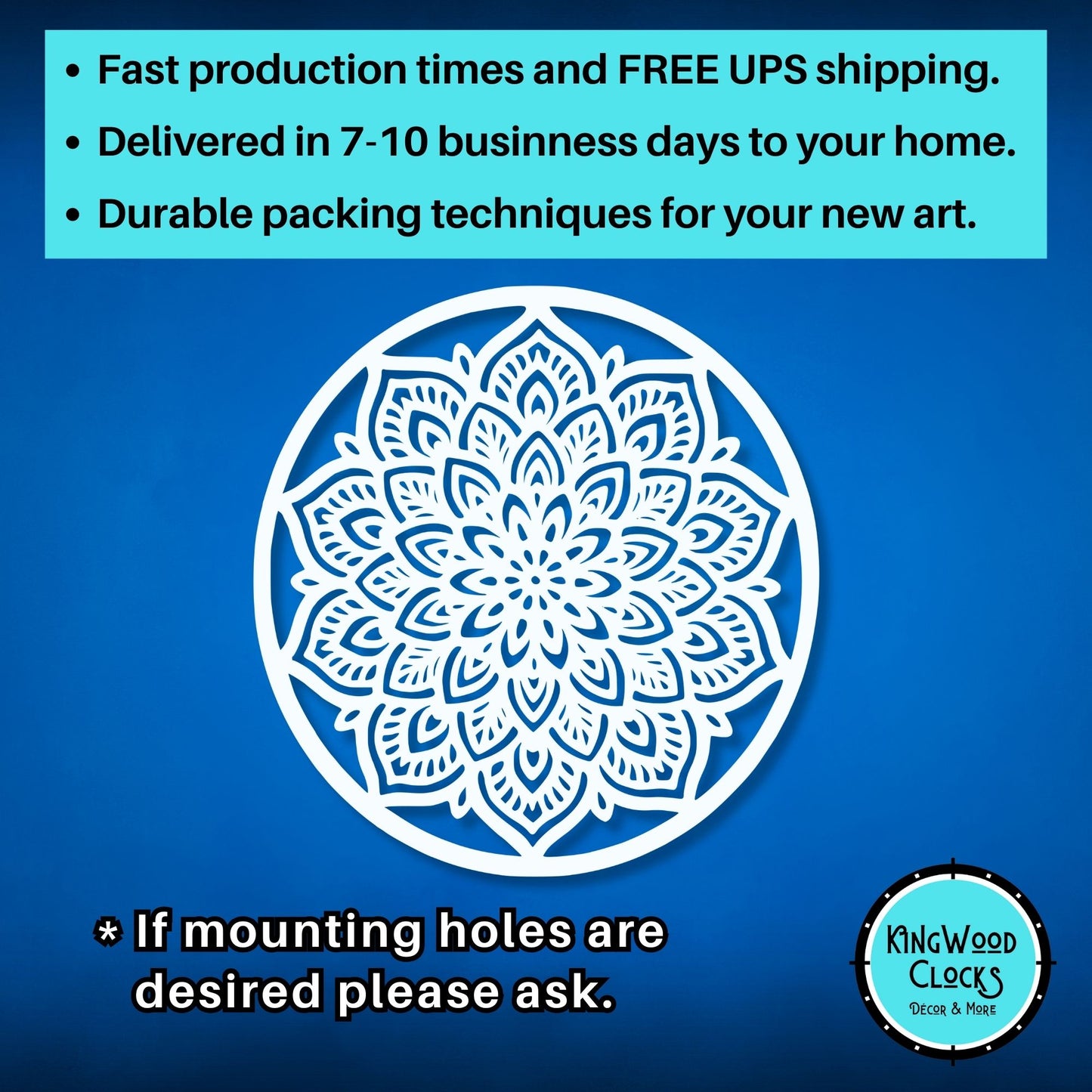 Decorative mandala design on a blue background with promotional text and Kingwood Clocks logo.