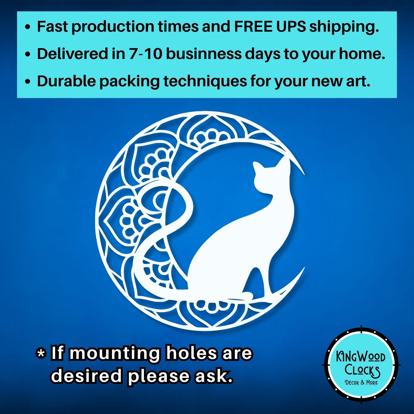 Decorative cat design with text about production times, shipping, and packaging on a blue background.