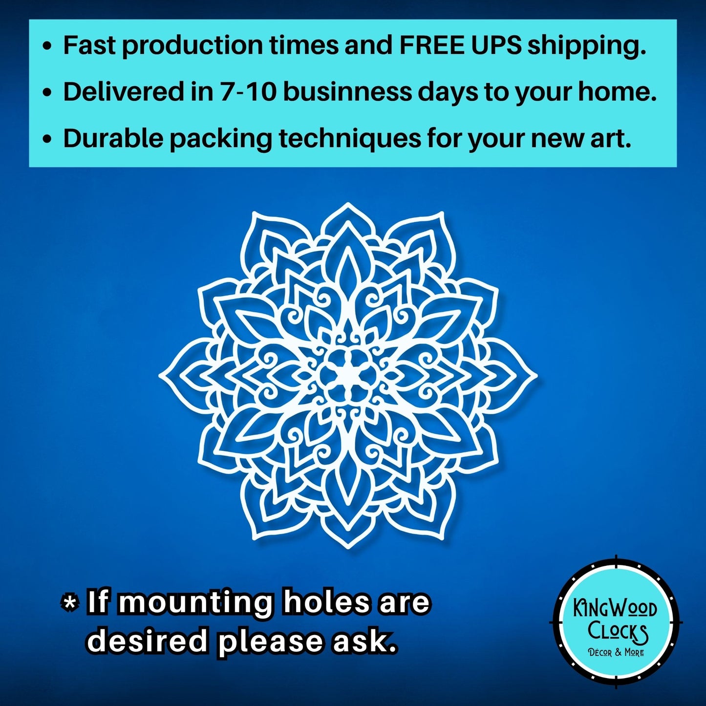 Decorative white mandala design on a blue background with promotional text and Kingwood Clocks logo.