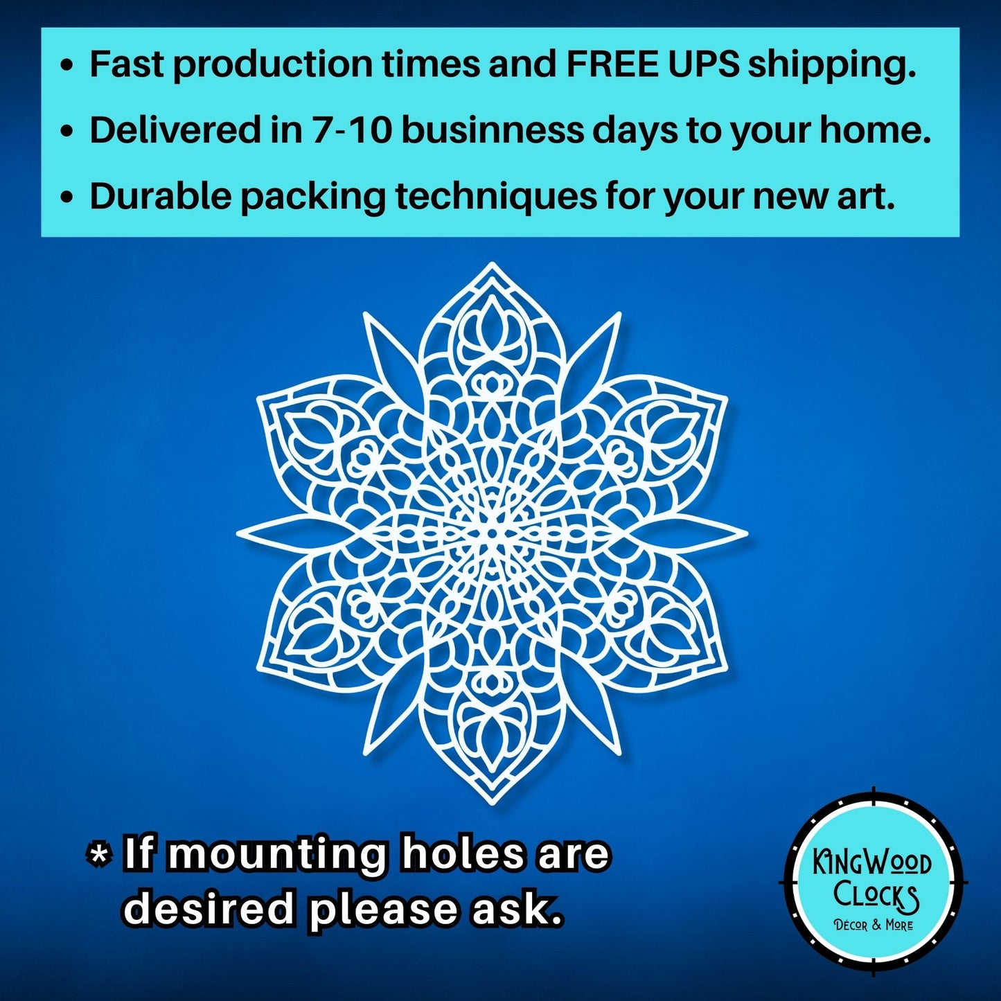 Decorative mandala design on a blue background with promotional text and Kingwood Clocks logo.