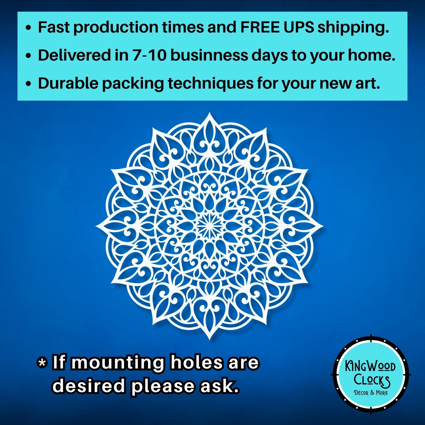 Decorative mandala design on a blue background with promotional text and Kingwood Clocks logo.