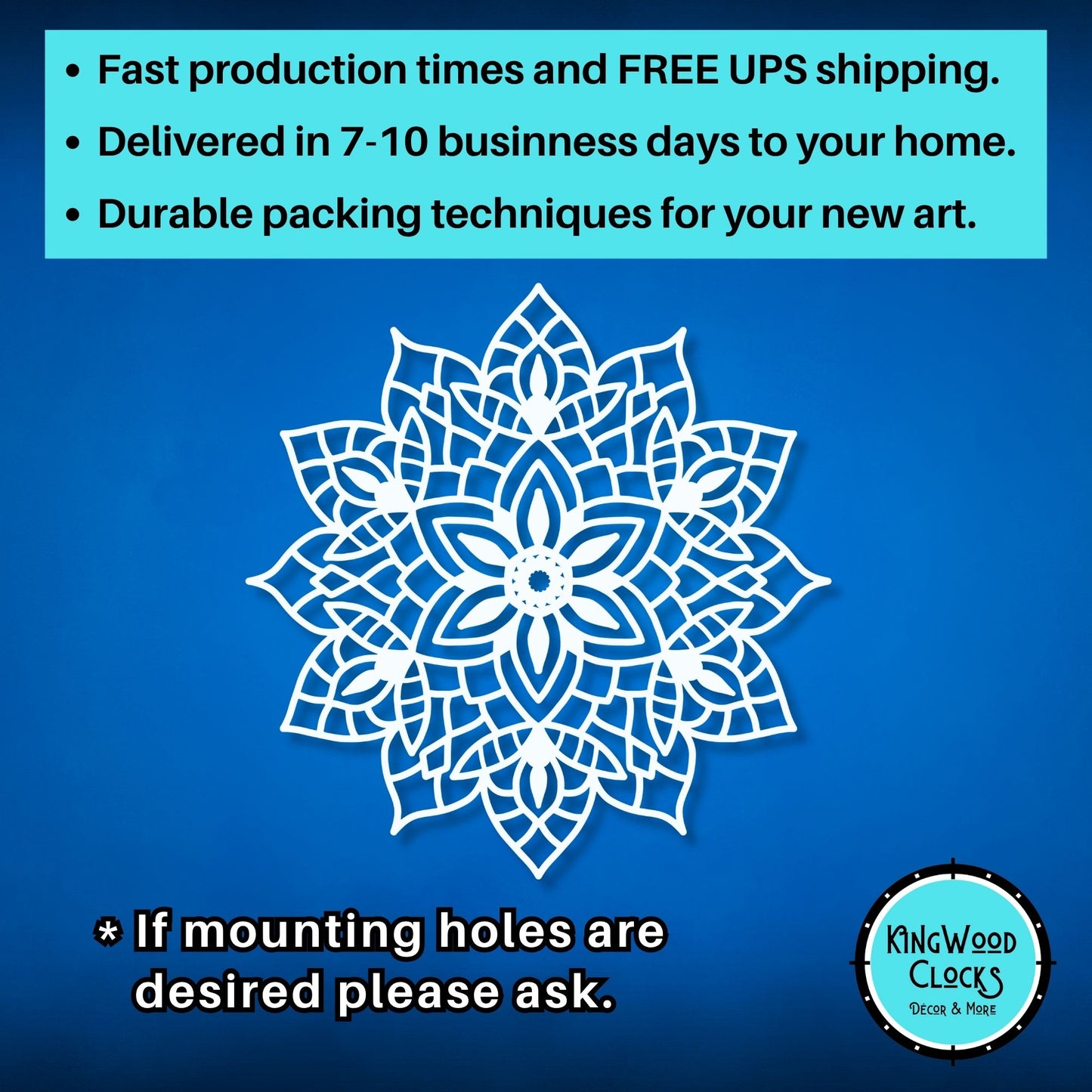 Decorative white mandala design on a blue background with promotional text and Kingwood Clocks logo.