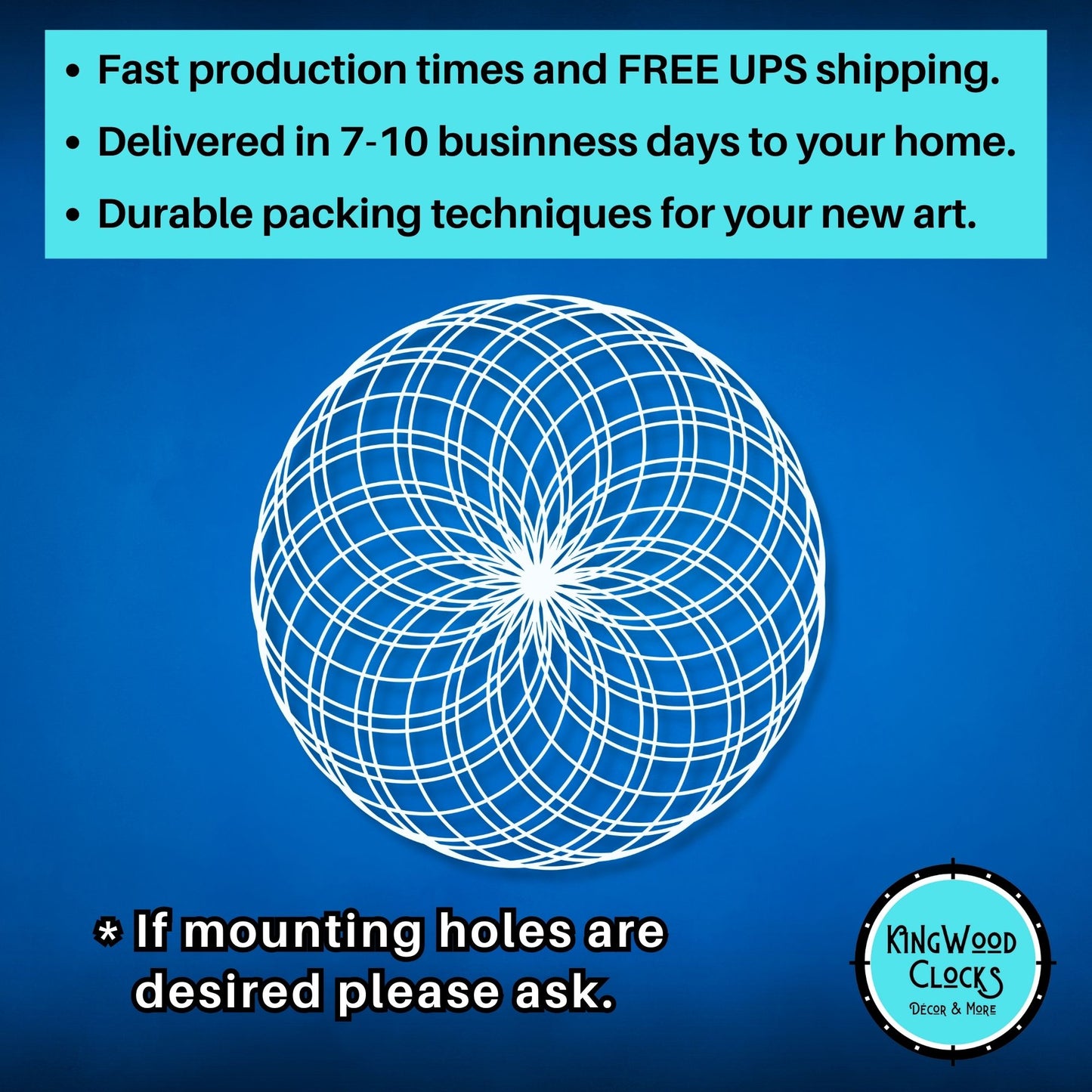 Geometric design on a blue background with promotional text and Kingwood Clocks logo.