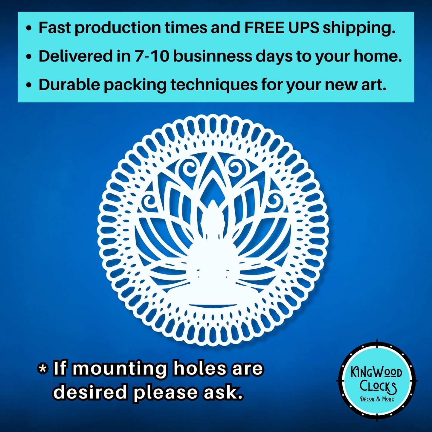 Decorative clock design with text about production times, shipping, and packaging on a blue background.