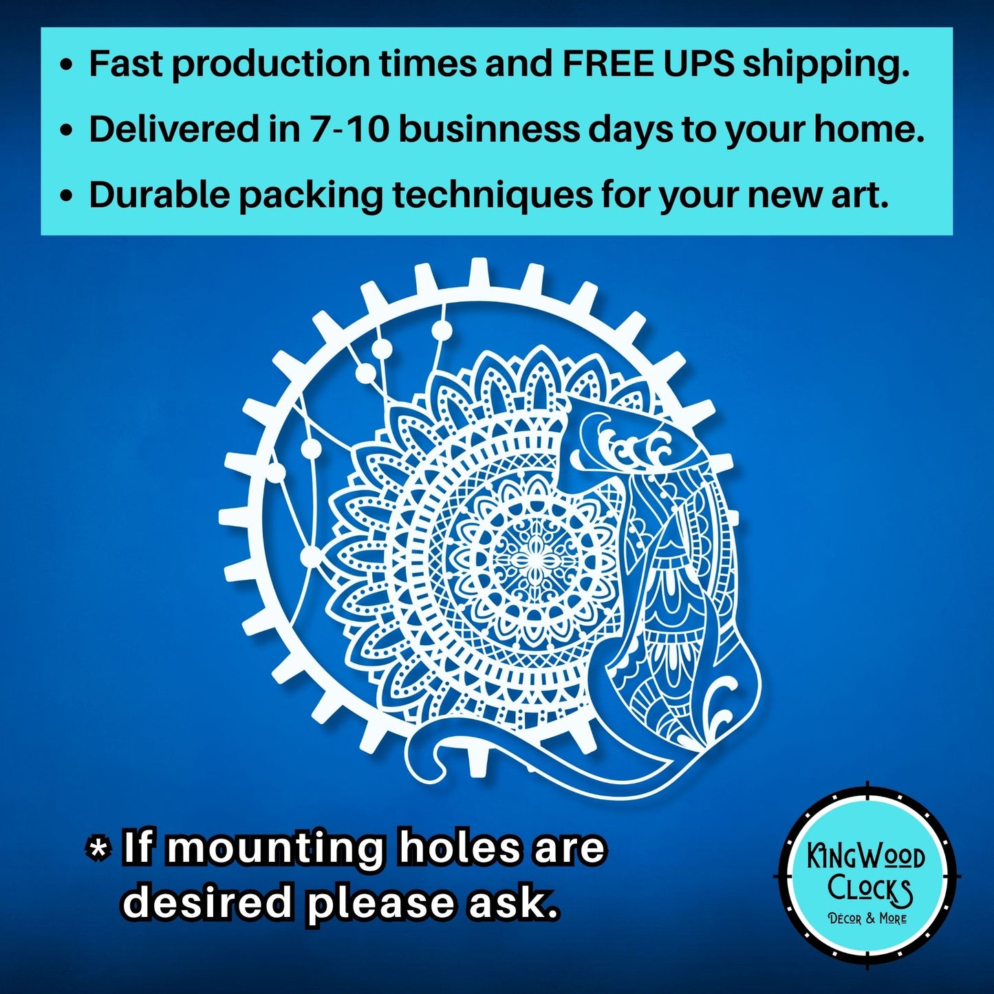 Decorative elephant design with text about fast production times, free UPS shipping, and durable packing techniques on a blue background.
