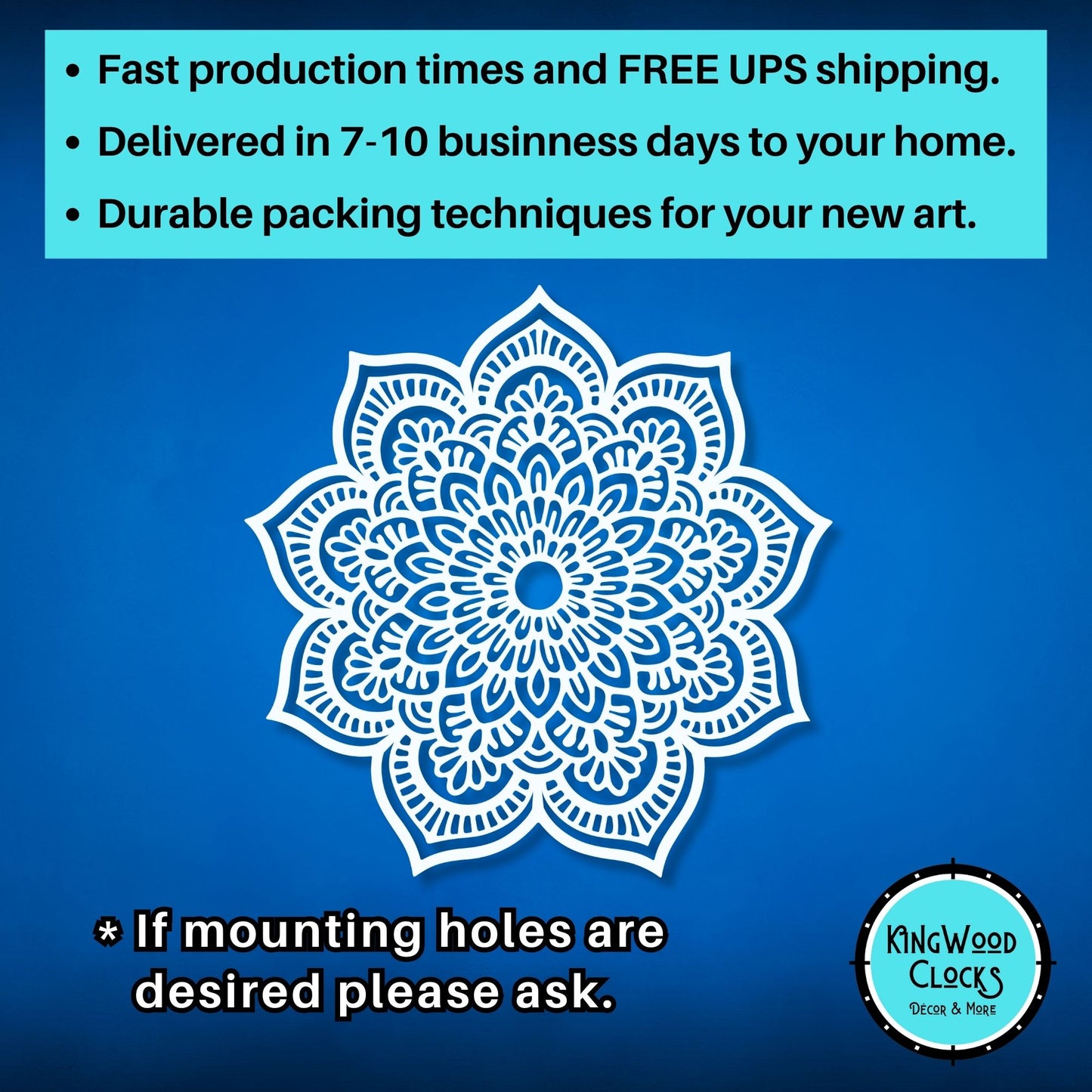 Decorative white mandala design on a blue background with promotional text and Kingwood Clocks logo.