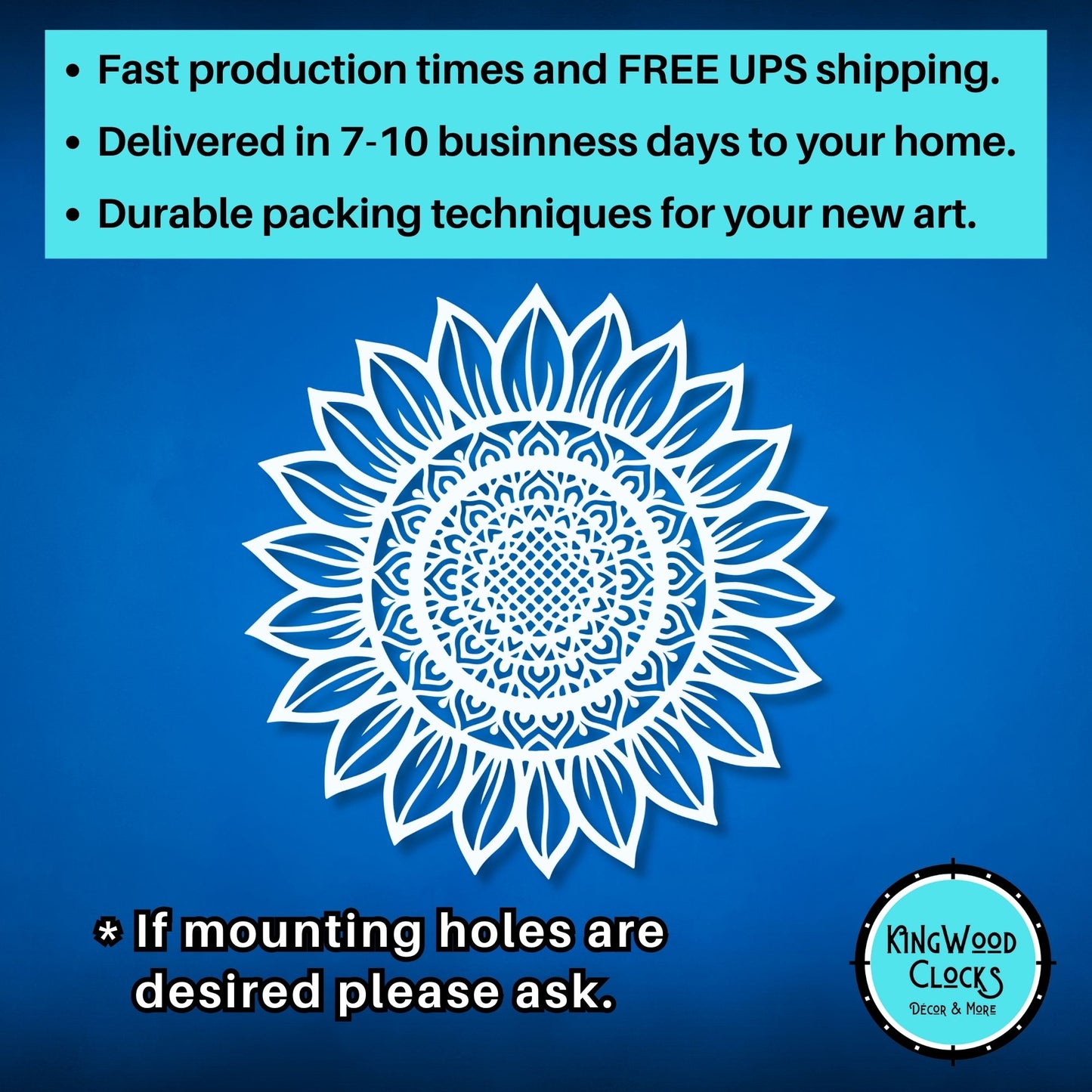 White floral design on a blue background with promotional text and Kingwood Clocks logo.