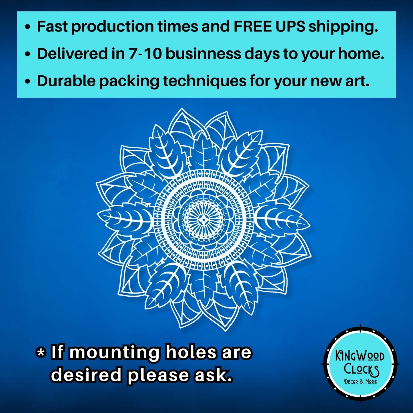 Blue background with white mandala design and promotional text about production times, shipping, and packaging.