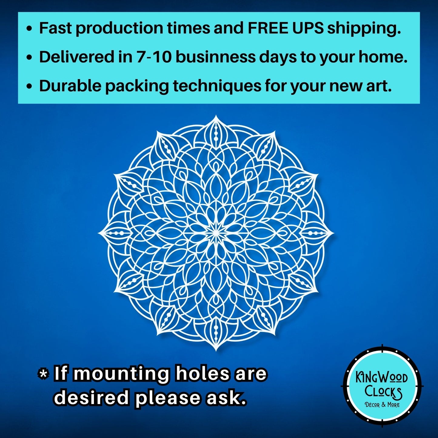 Mandala design on a blue background with promotional text and Kingwood Clocks logo.