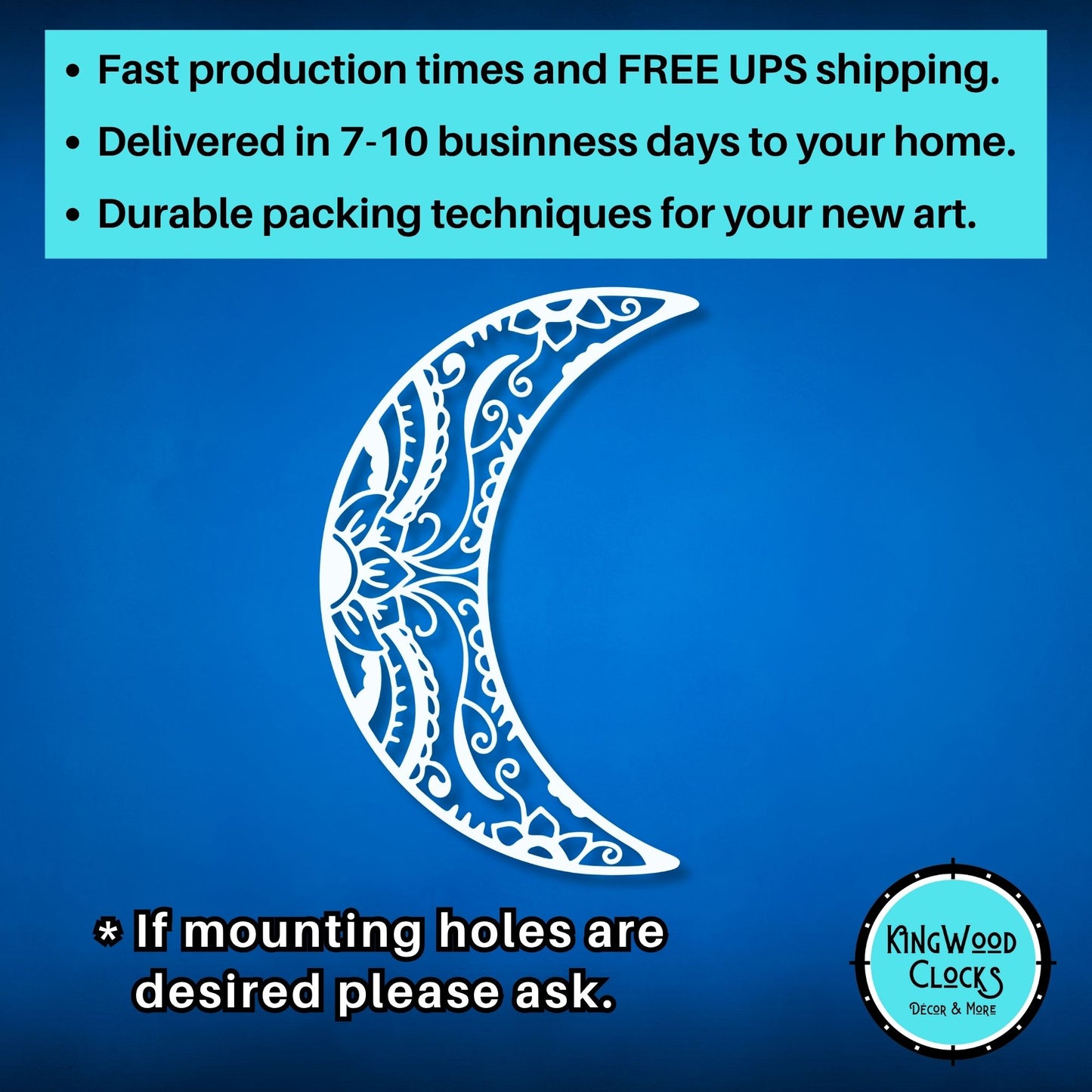 Decorative white crescent moon design on a blue background with promotional text and Kingwood Clocks logo.