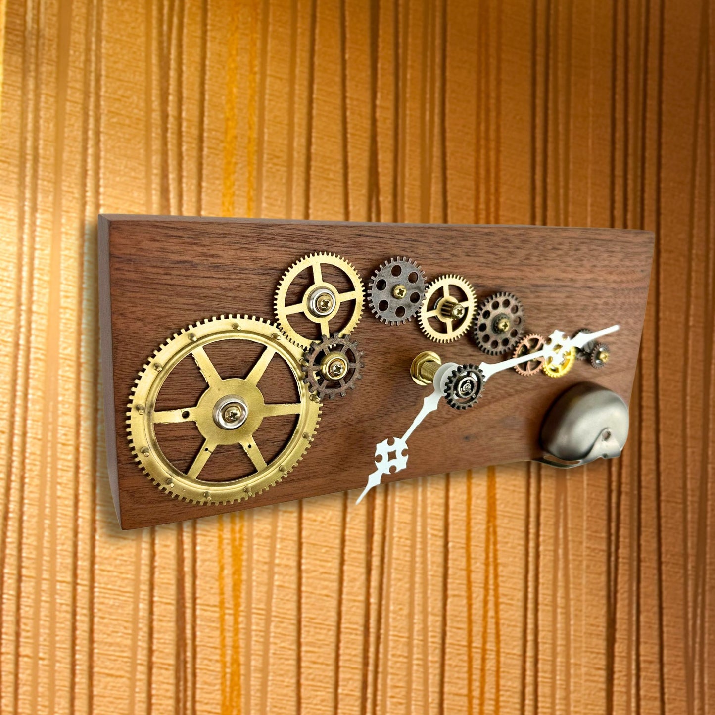 Wooden Wall Clock w/ Brass Gears "Silver Bell", Reclaimed Wood and Metal Wall Art, Small Wall Hanging Art Clock, Unique Decor Gift Idea