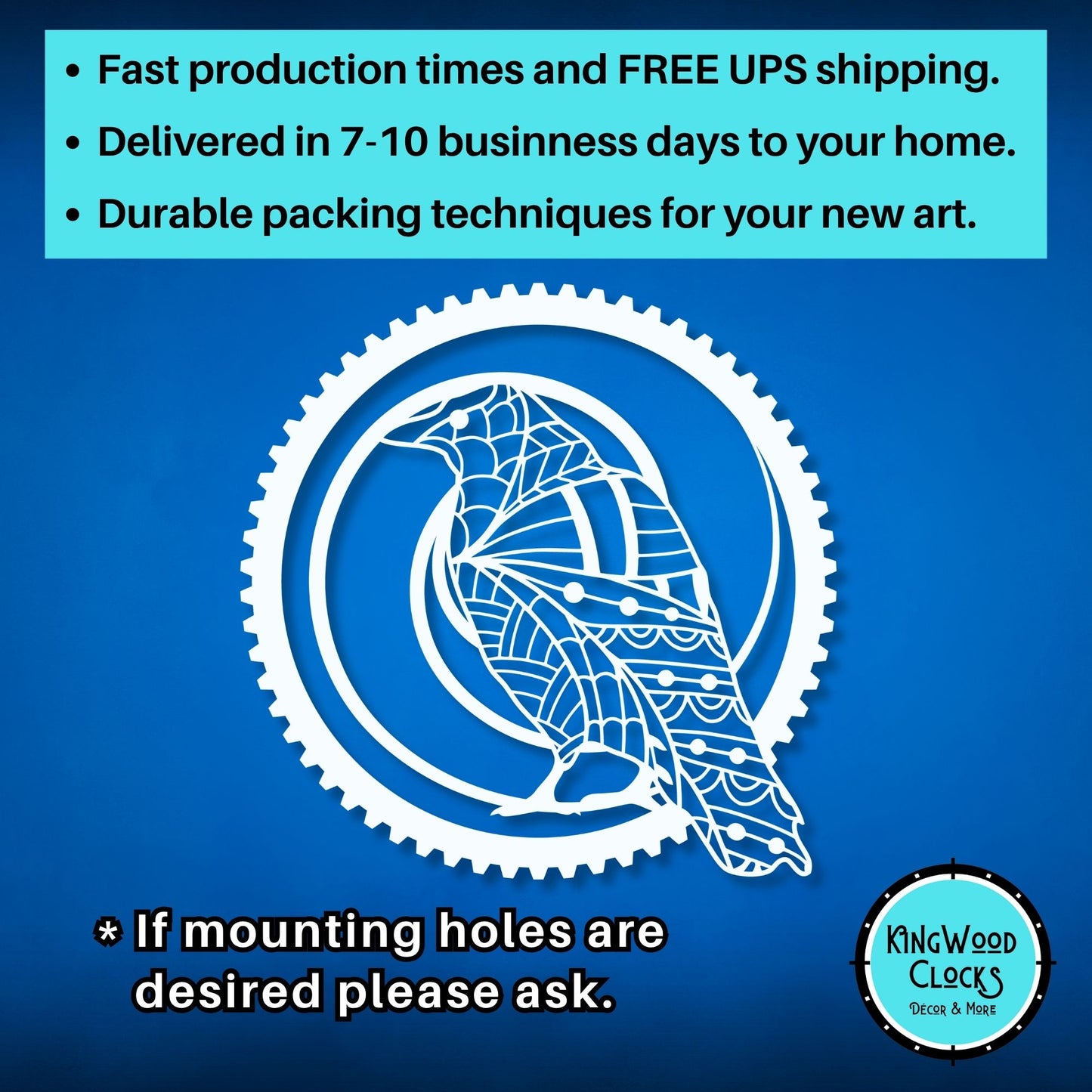 Decorative gear with a dolphin design on a blue background, featuring text about production times and shipping.