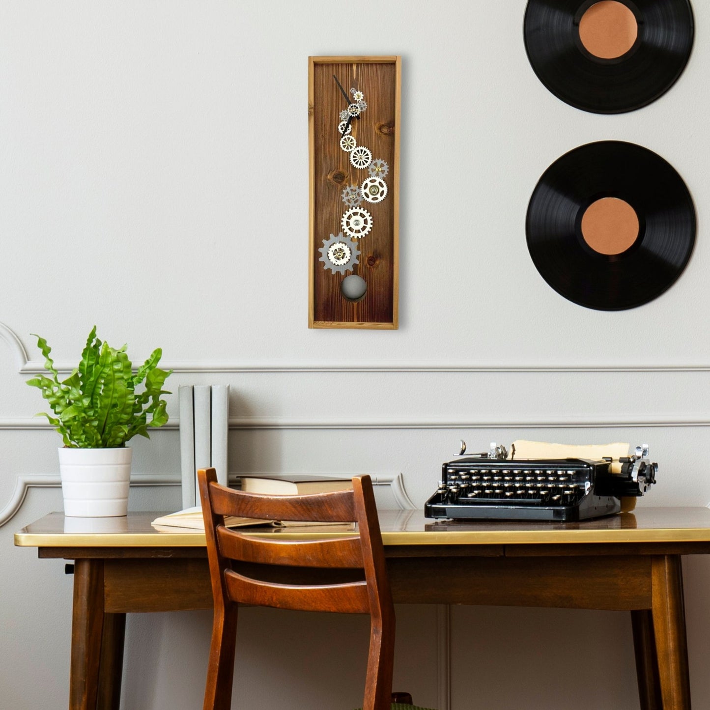 Pendulum Wall Clock w/ Gears, Cedar Wood Wall Art, Silver & White Clock Gears Decoration, Long Hallway Wooden Decor, Fifth Anniversary Gift