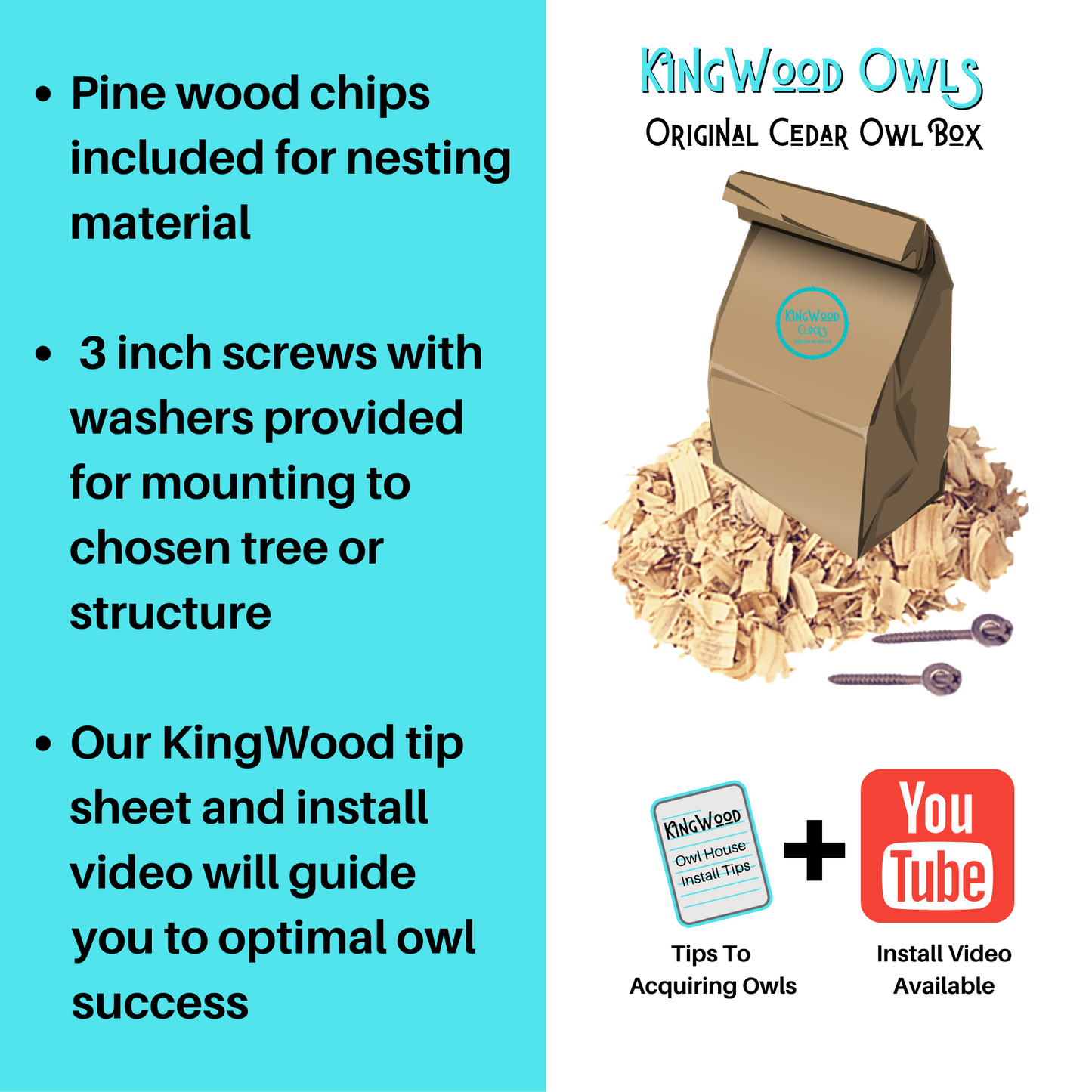 KingWood Original Cedar Owl House comes with Pine Wood chips for bedding, owls do not build their own nests like other bird species