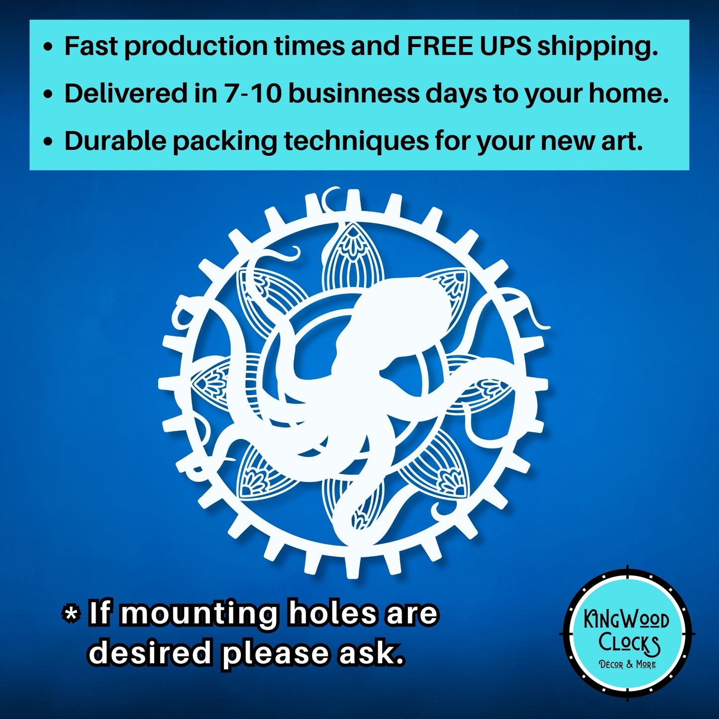 Decorative design with a silhouette of a person and gears on a blue background, featuring text about product features.
