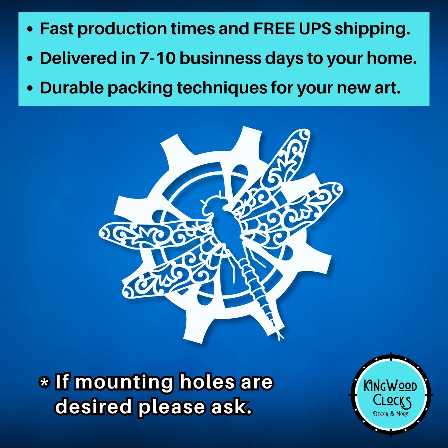 Decorative cutout of a dragonfly and gear on a blue background with promotional text and Kingwood Clocks logo.