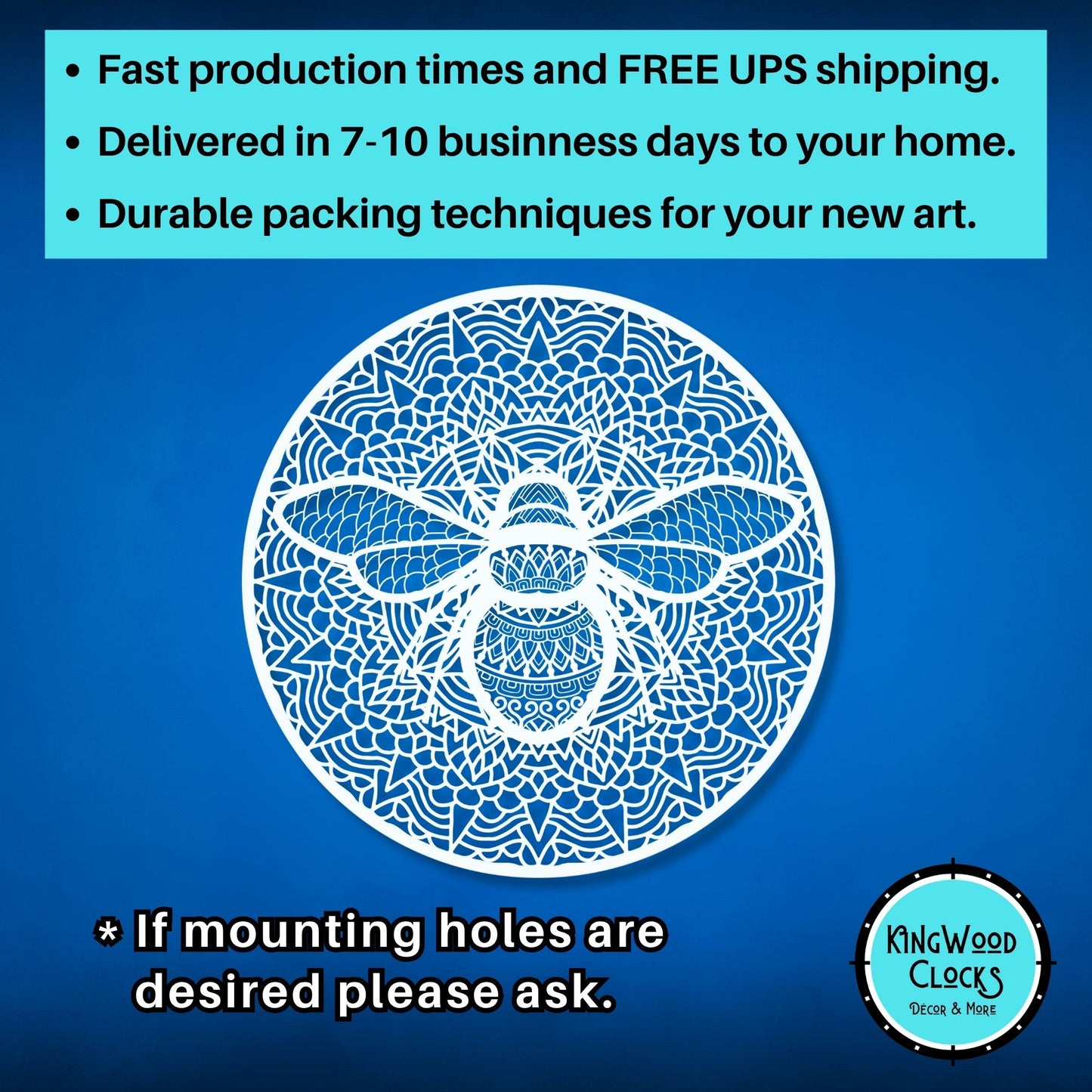 Decorative bee design on a blue background with promotional text and Kingwood Clocks logo.