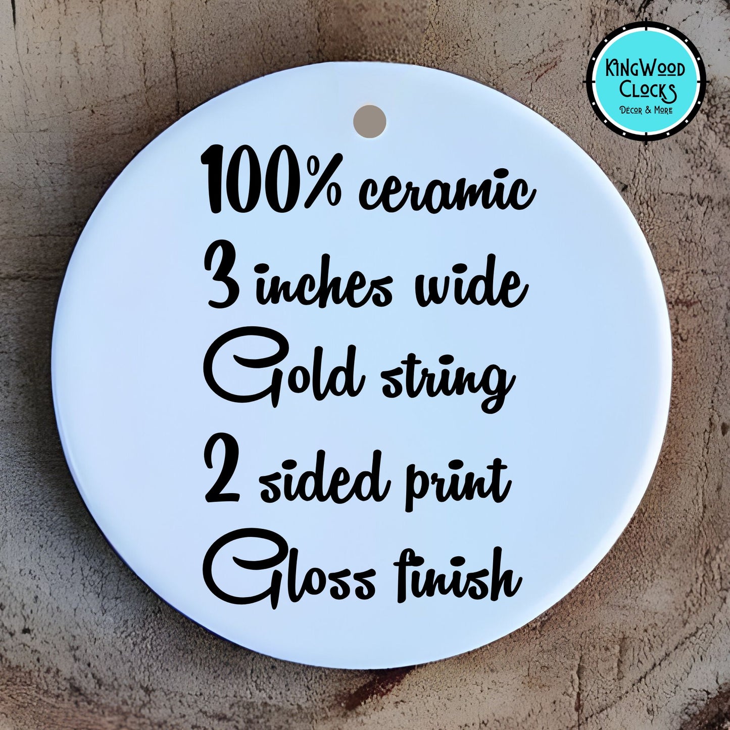 Round ceramic tag with text on a wooden background