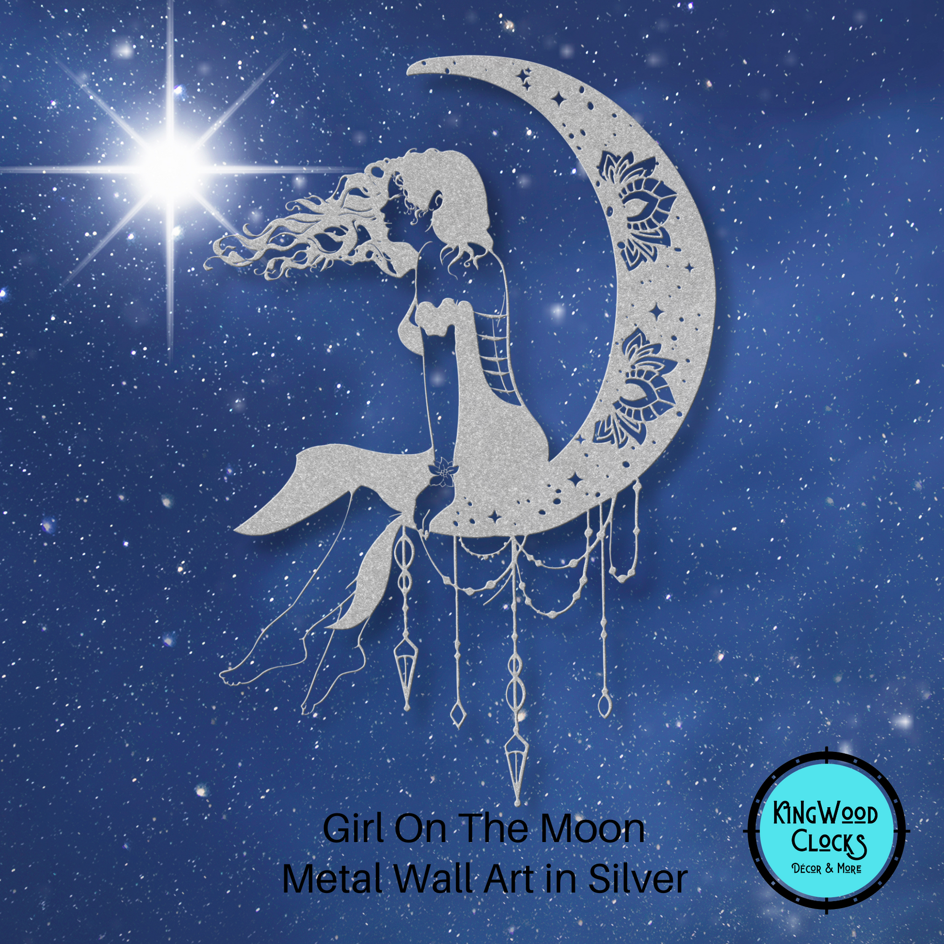 Girl On The Moon Metal Wall Art, Crescent Moon Phases Decor for Girls Bedroom, Mystical Dream Catcher Gift for Her, Dark Academia Mandala