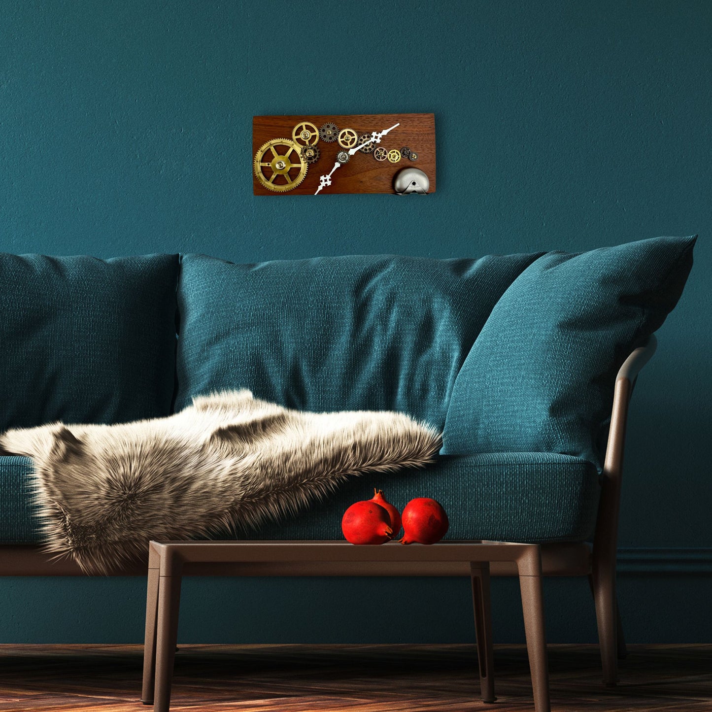 Wooden Wall Clock w/ Brass Gears "Silver Bell", Reclaimed Wood and Metal Wall Art, Small Wall Hanging Art Clock, Unique Decor Gift Idea