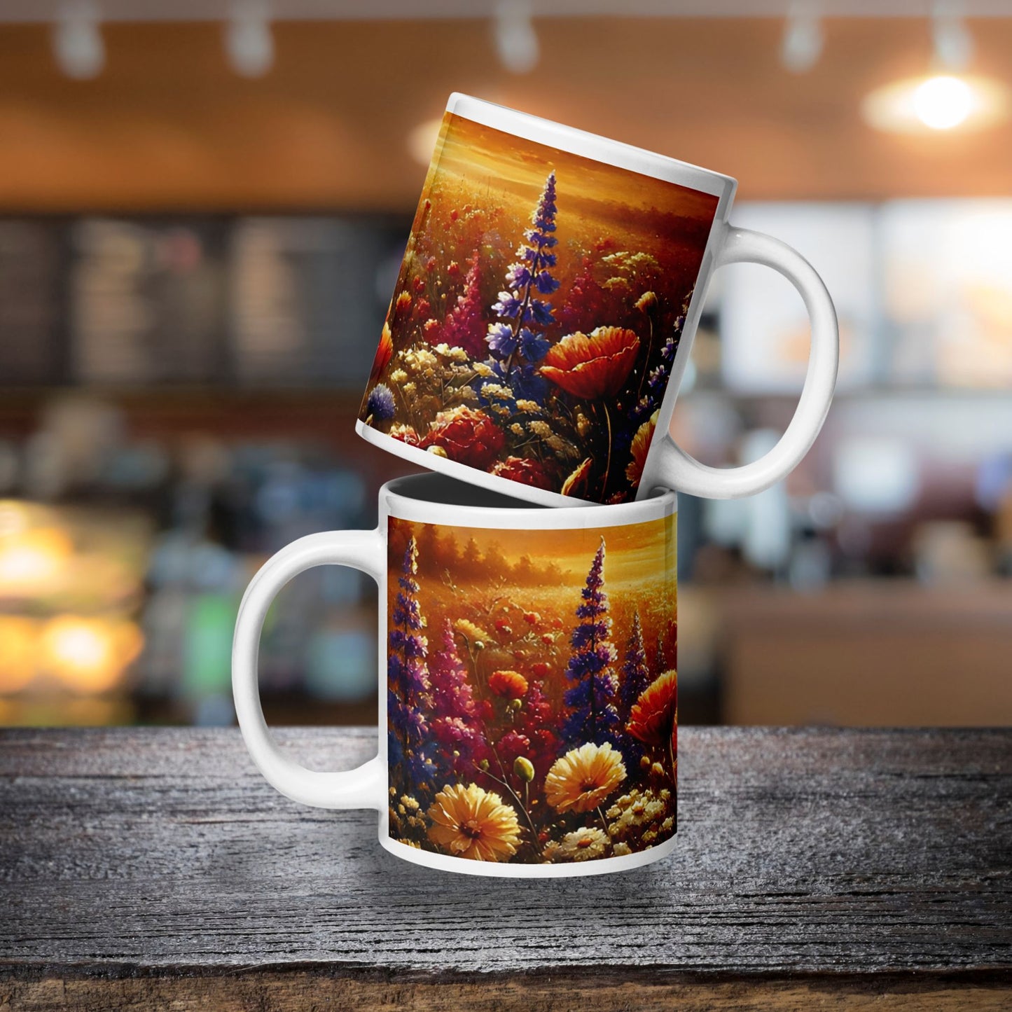 Two mugs with floral design stacked on a wooden surface in a blurred indoor setting