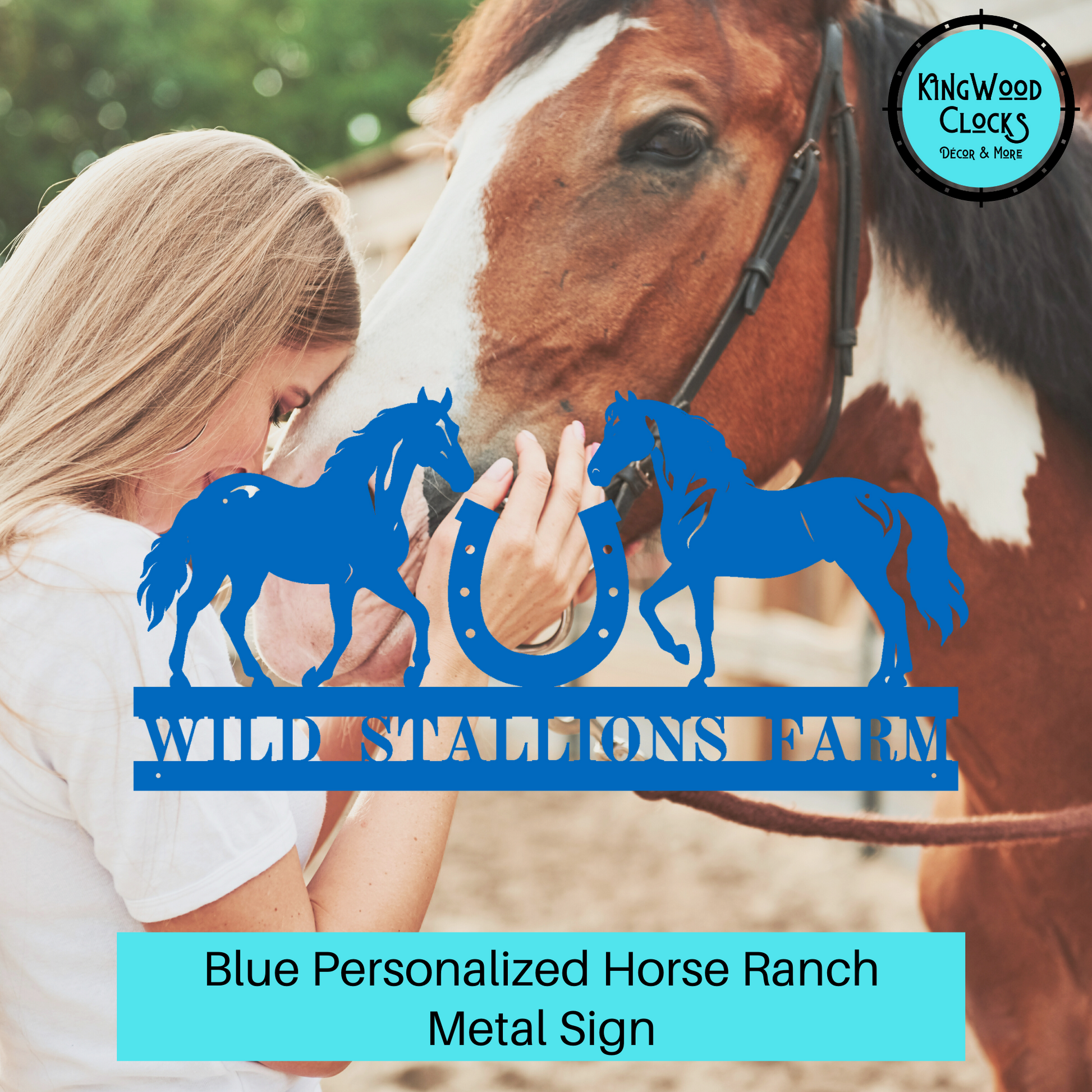 Personalized Horse Ranch Metal Sign shown in blue with girl loving her horse