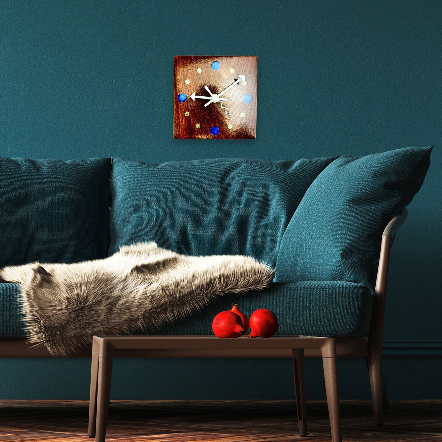 Small Walnut Wall Clock w/ Epoxy Inlay Blue and Pearl White Wall Art, Desk Clock for His Office, Unique Fifth Anniversary Gift, Shelf Clock