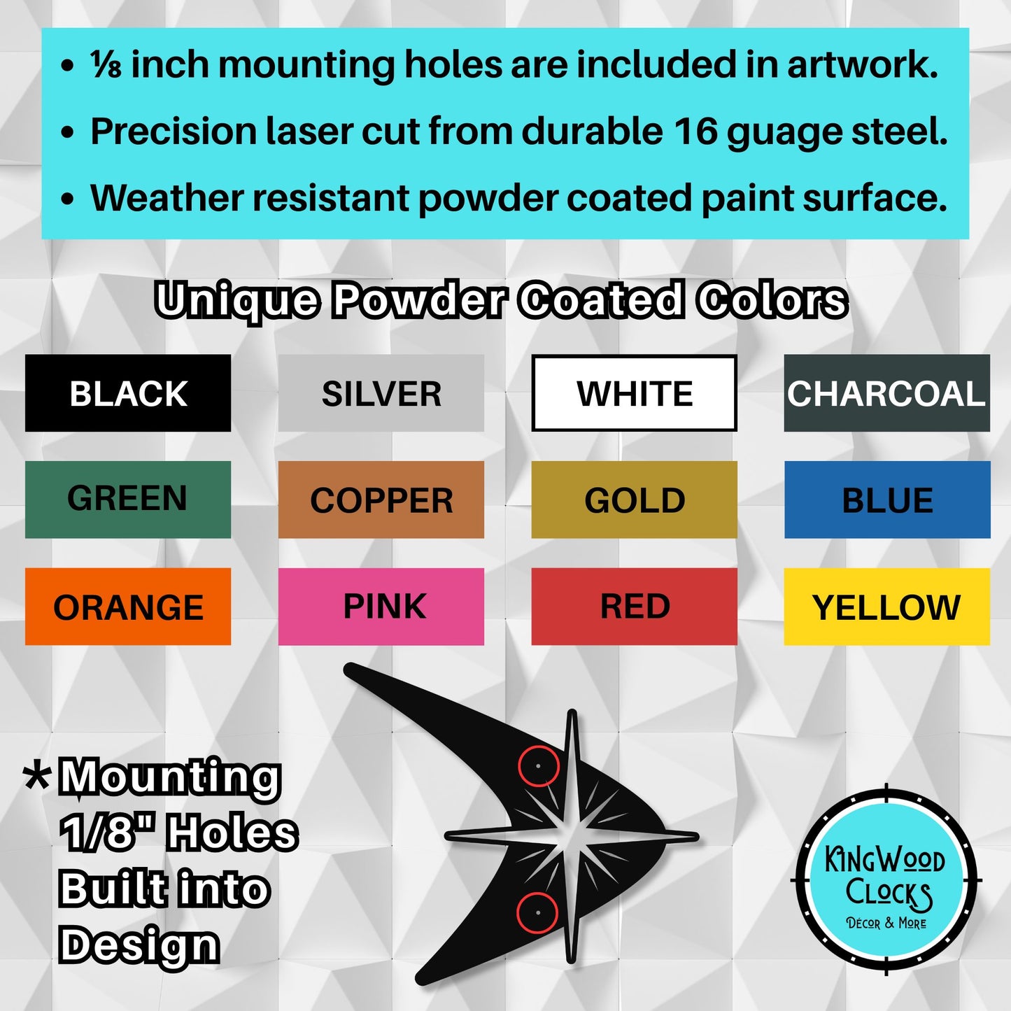 Product description with color options and Kingwood Clocks branding on a geometric patterned background.