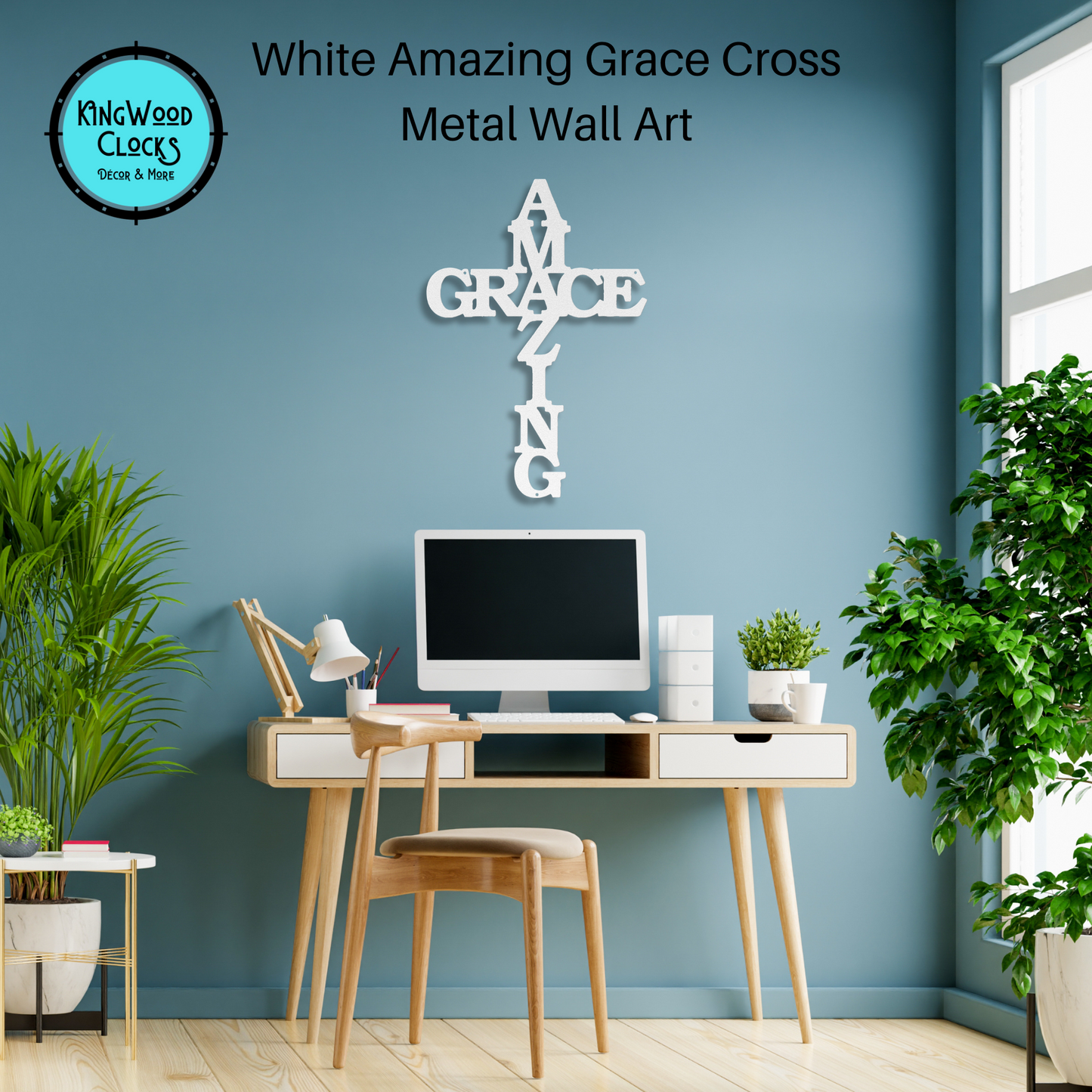 Amazing Grace Cross Metal Wall Art white over desk in office space