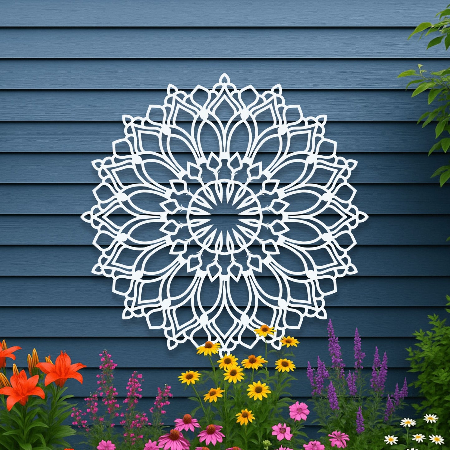 Lotus Flower Mandala Metal Wall Art white hanging in colorful flower garden on blue siding