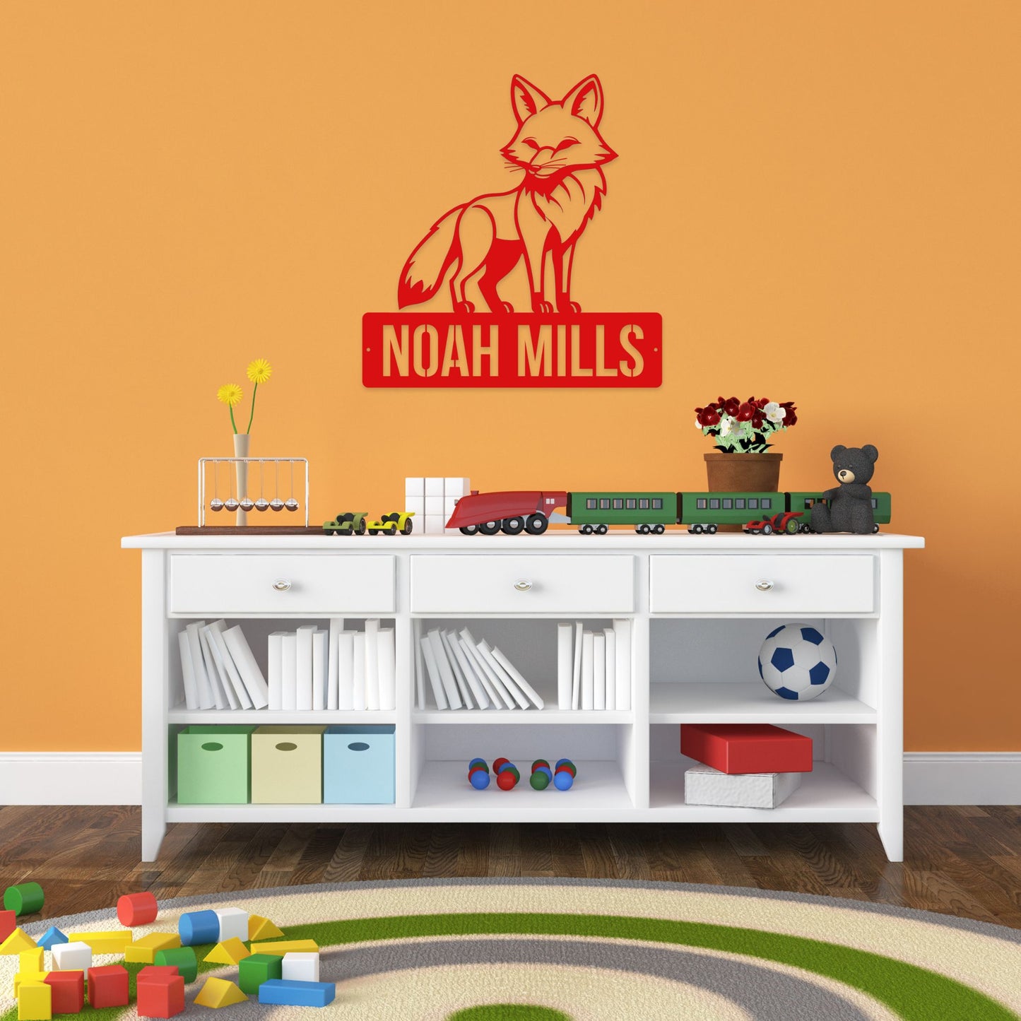 Custom Boy's Name Sign, Sly Fox Metal Wall Art, Personalized Kids Bedroom Decor, Animal Theme Playroom, Over The Bed Plaque, Sons Birthday Gift