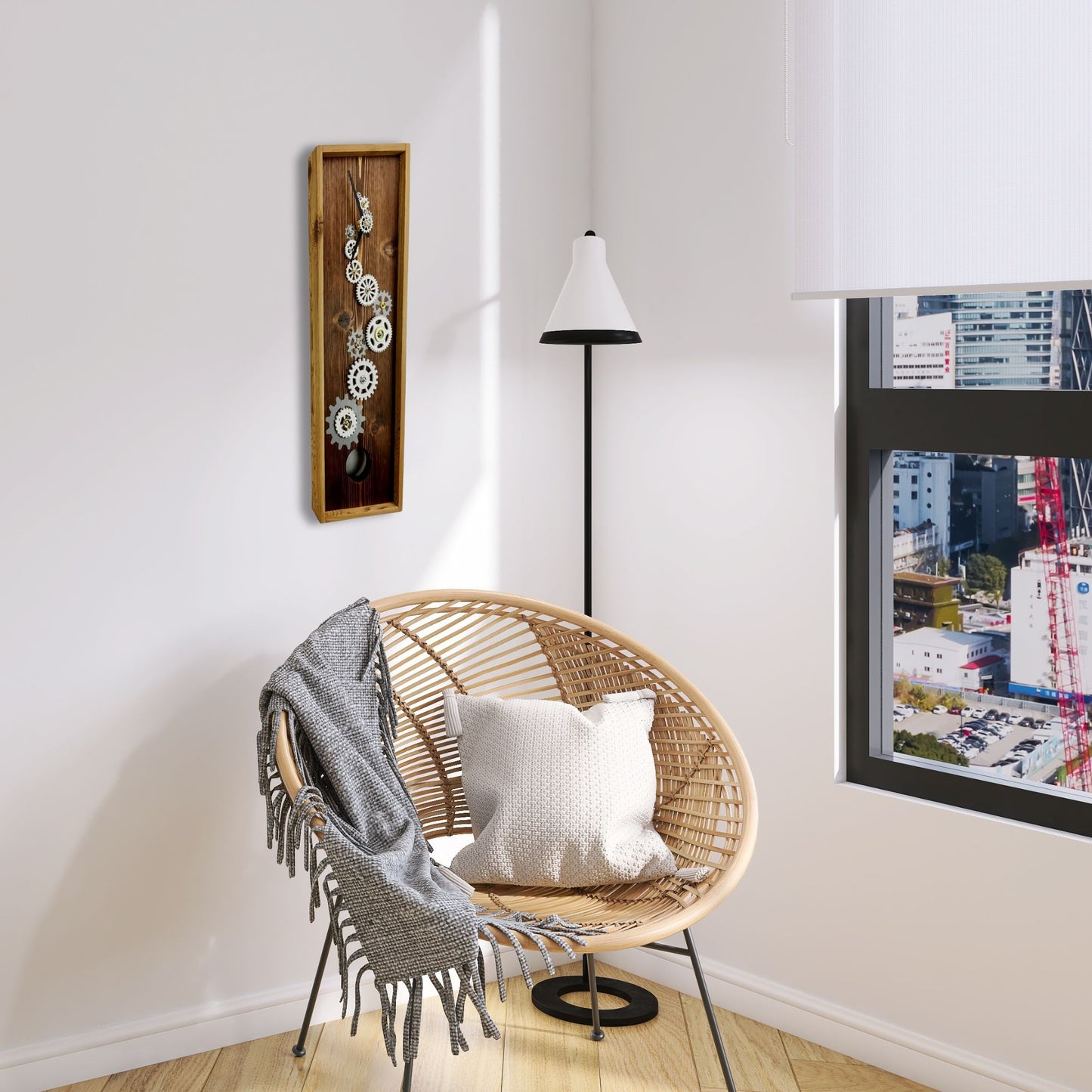 Pendulum Wall Clock w/ Gears, Cedar Wood Wall Art, Silver & White Clock Gears Decoration, Long Hallway Wooden Decor, Fifth Anniversary Gift