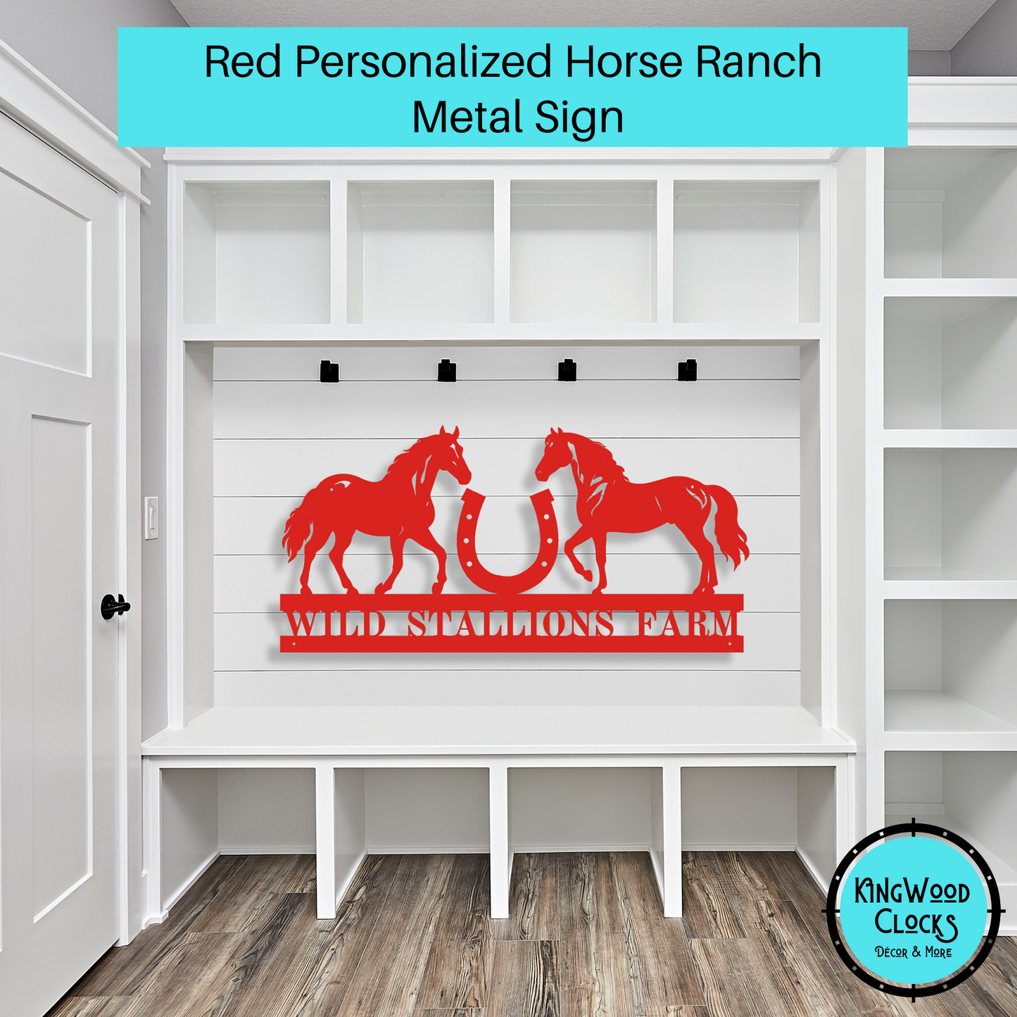 Personalized Horse Ranch Metal Sign shown in red shown in country house mudroom