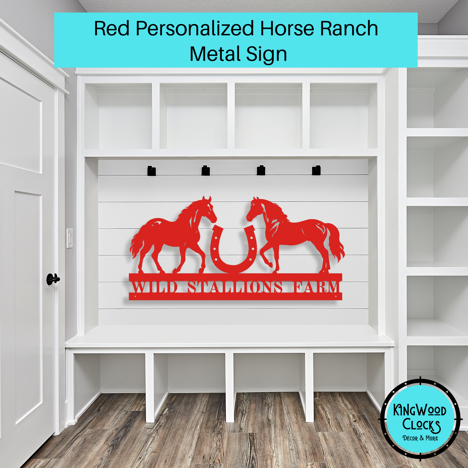 Personalized Horse Ranch Metal Sign shown in red shown in country house mudroom