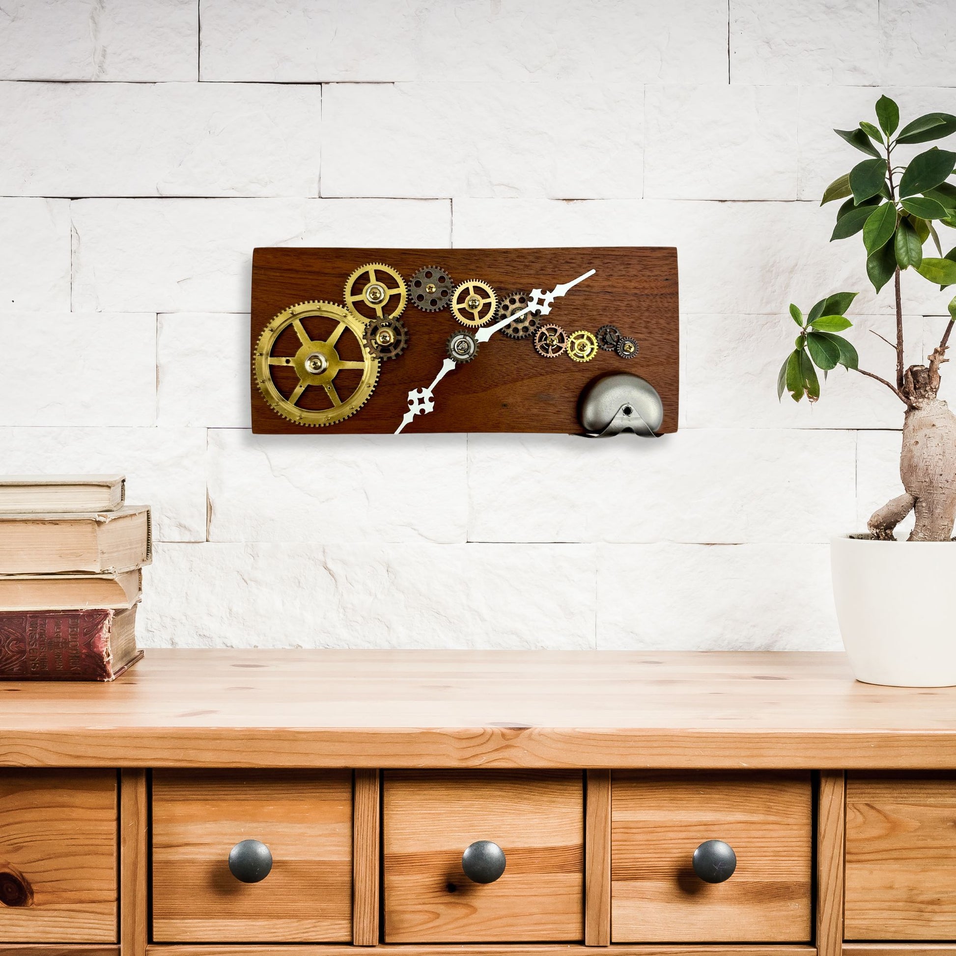 Wooden Wall Clock w/ Brass Gears "Silver Bell", Reclaimed Wood and Metal Wall Art, Small Wall Hanging Art Clock, Unique Decor Gift Idea