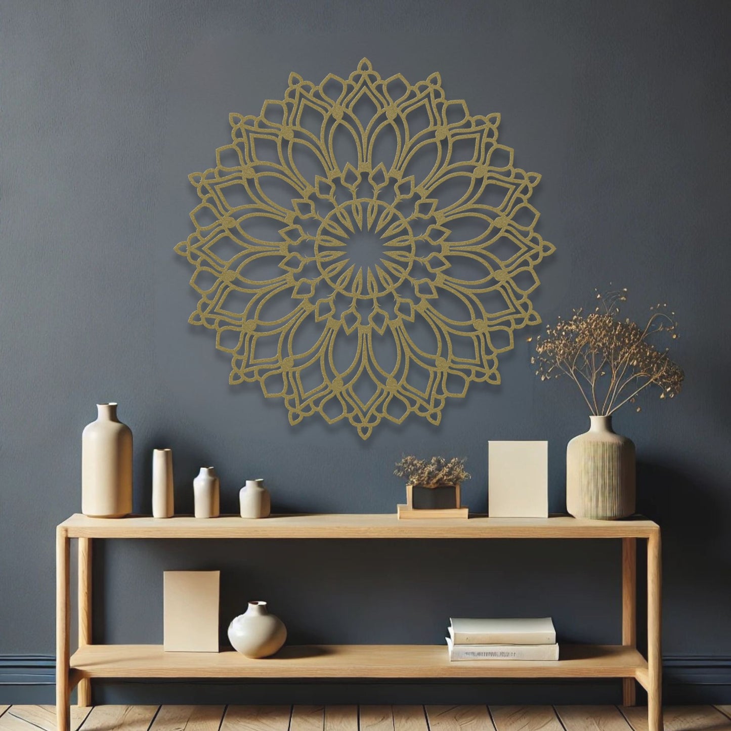 Lotus Flower Mandala Metal Wall Art gold over an entry table in hall of home