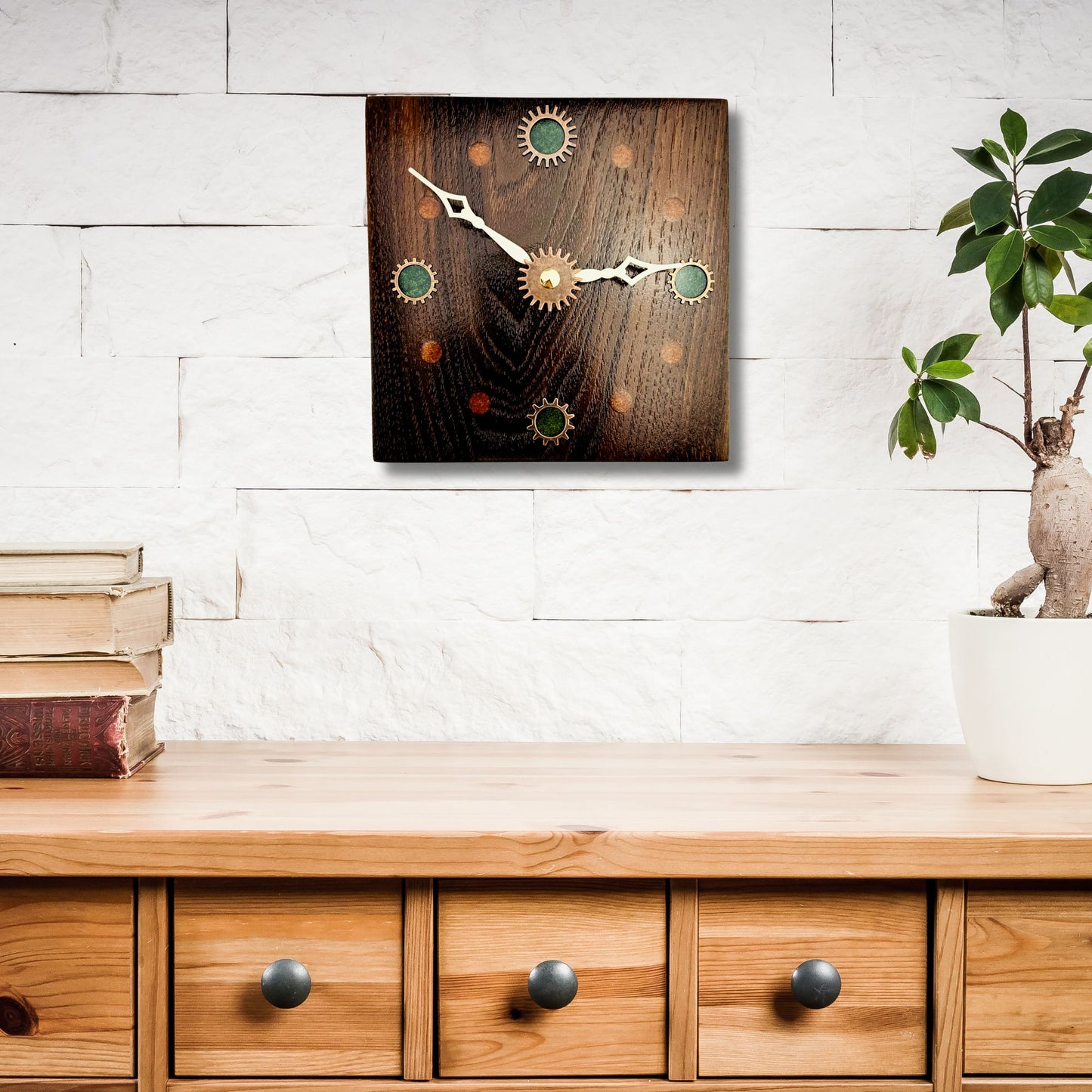 Walnut Wood Wall Clock w/ Metal Gears, Epoxy Inlay Burnt Orange and Earth Green Handmade Wood Art, Unique Wooden Gift Ideas, Steampunk Decor