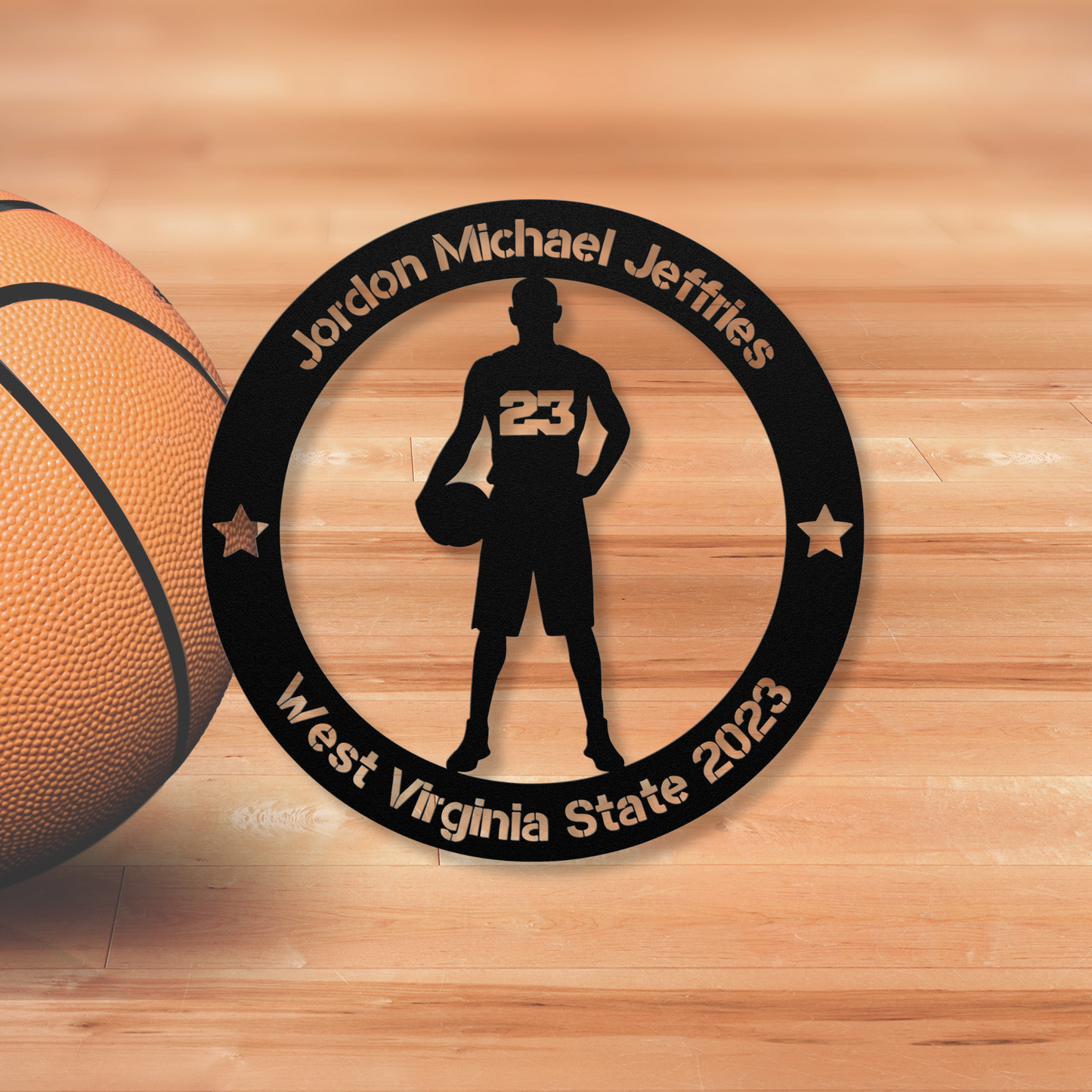 Personalized Basketball Player Metal Wall Art, Boys Bedroom Decor, Mens Sports Award, School Sports Athlete Trophy, Round All Star Plaque
