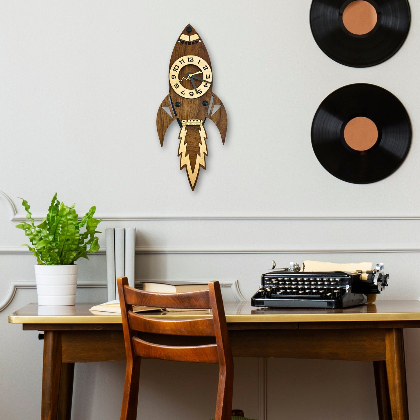 Rocket Pendulum Wall Clock, Space Bedroom Decor for Boys, Mid Century Modern Decor, Spaceship Wall Art, Walnut Wood Art